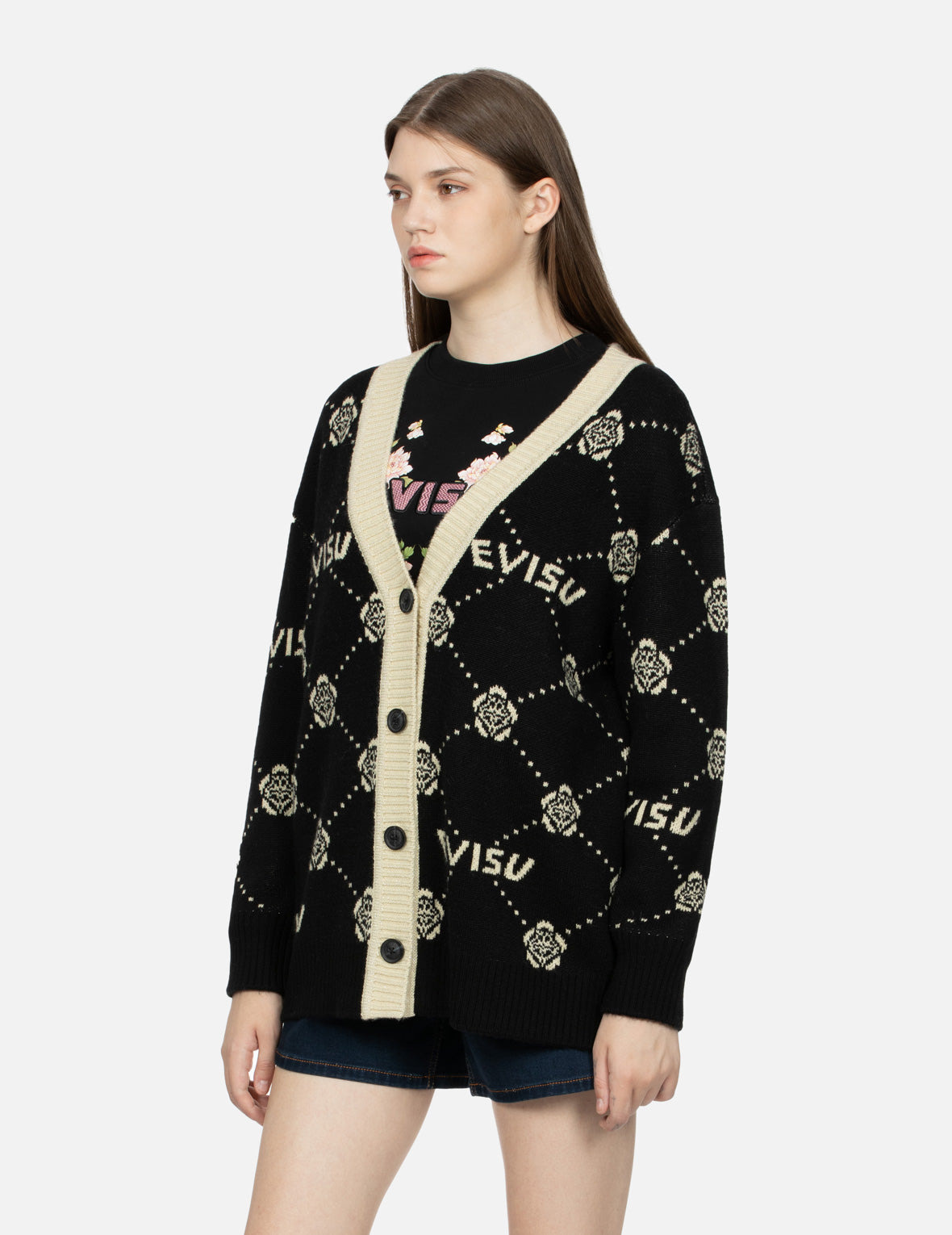 KAMON AND LOGO JACQUARD LOOSE FIT CARDIGAN - 7