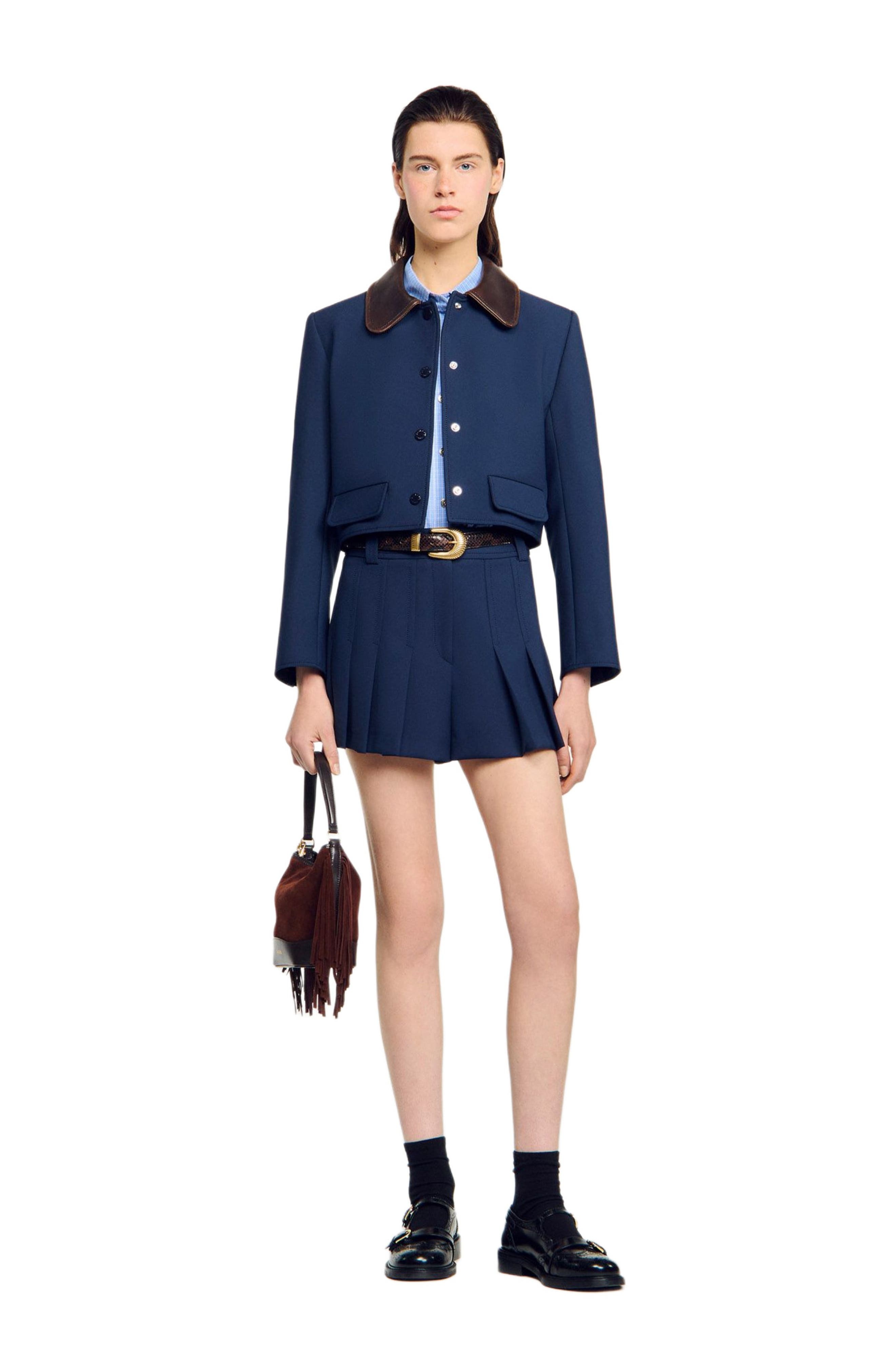 SANDRO Cropped jacket with leather collar in Navy Blue at Nordstrom - 6