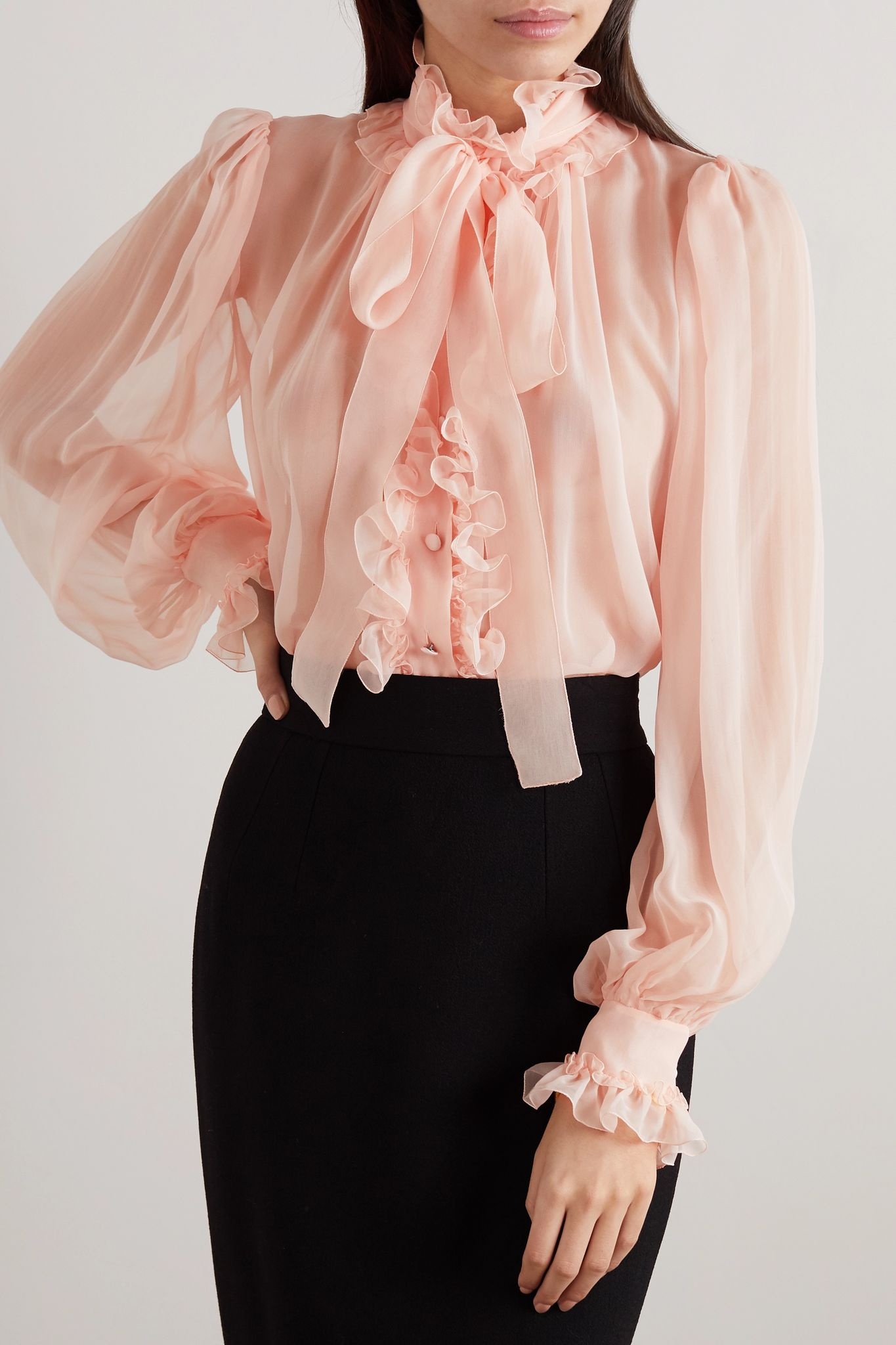 Pussy-bow ruffled silk-chiffon blouse - 3