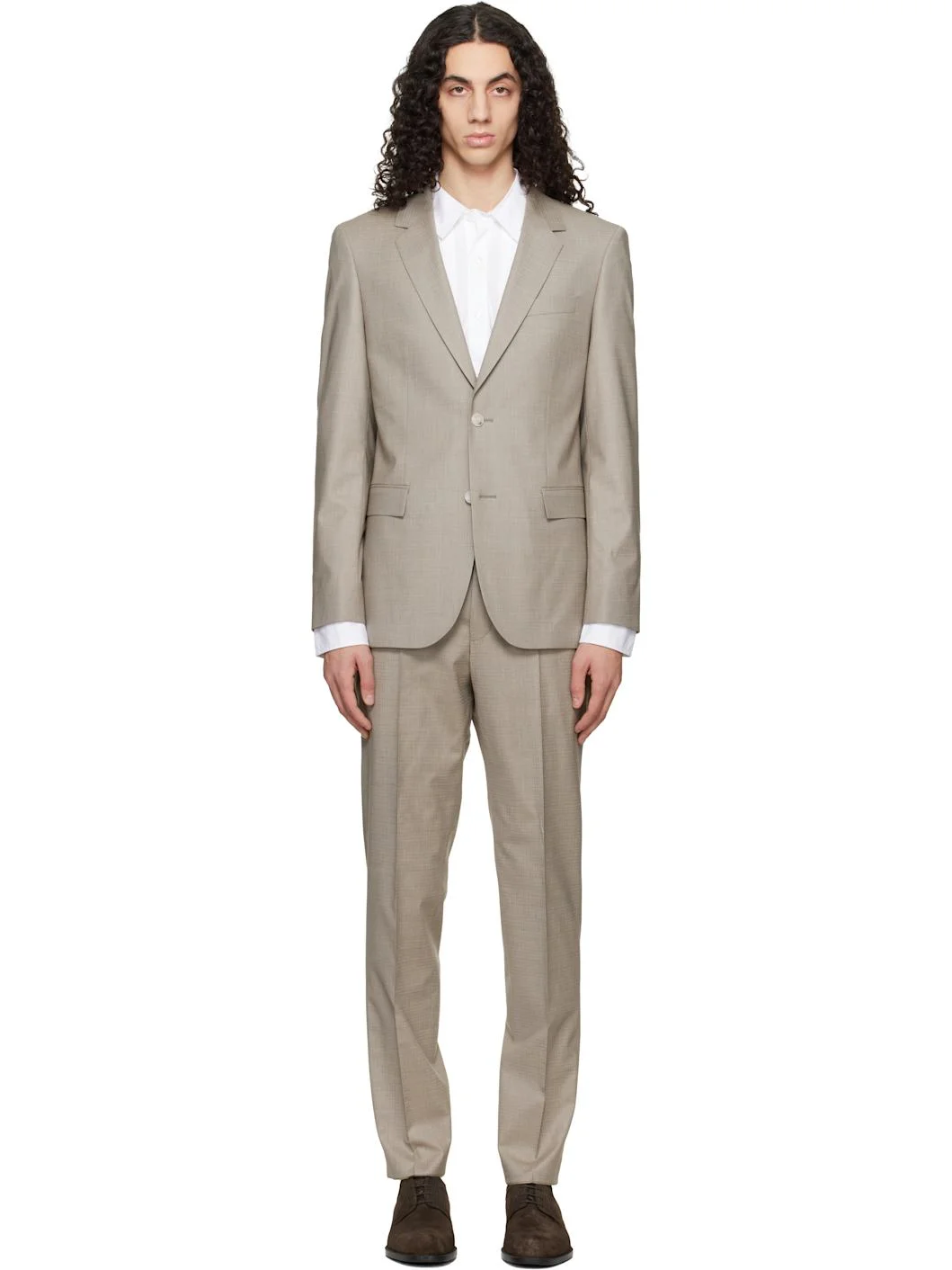 Taupe Two-Piece Slim-Fit Stretch Wool Suit - 1