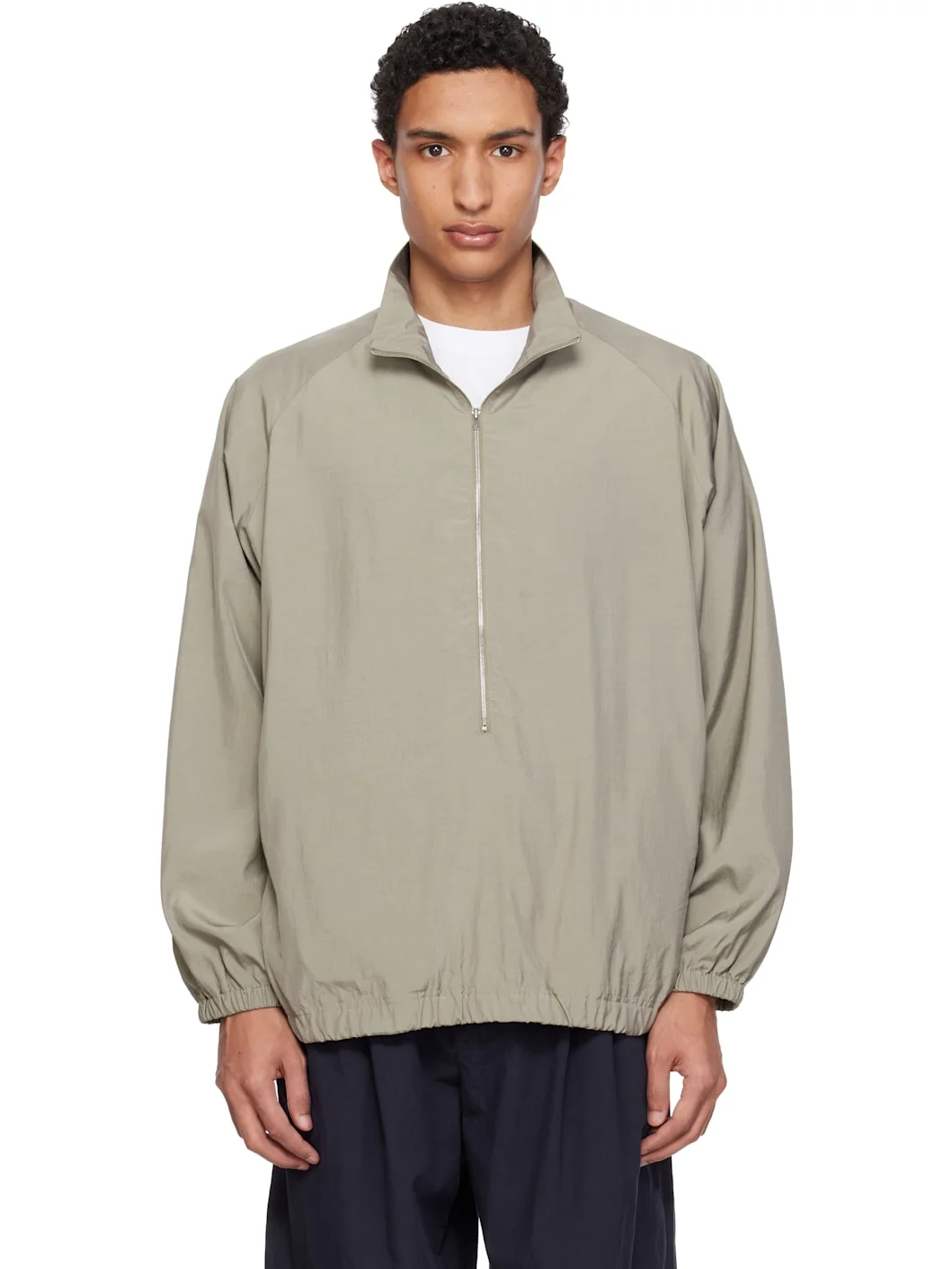 Khaki Silk Nylon 3/4 Zip Pullover Jacket - 1