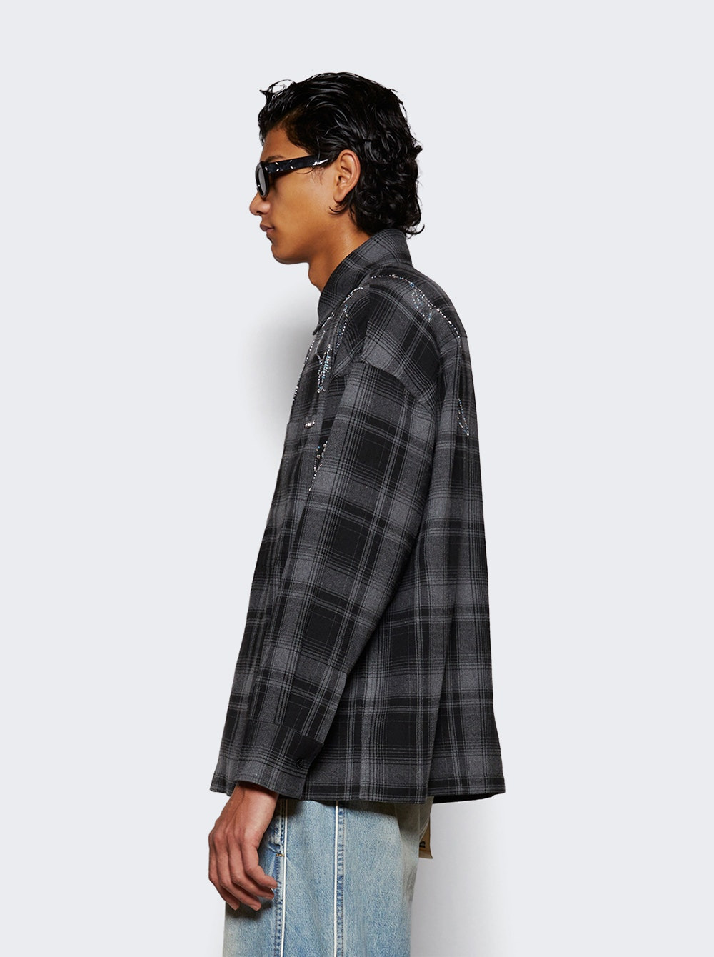 Plaid Beaded Oversized Shirt Black - 4