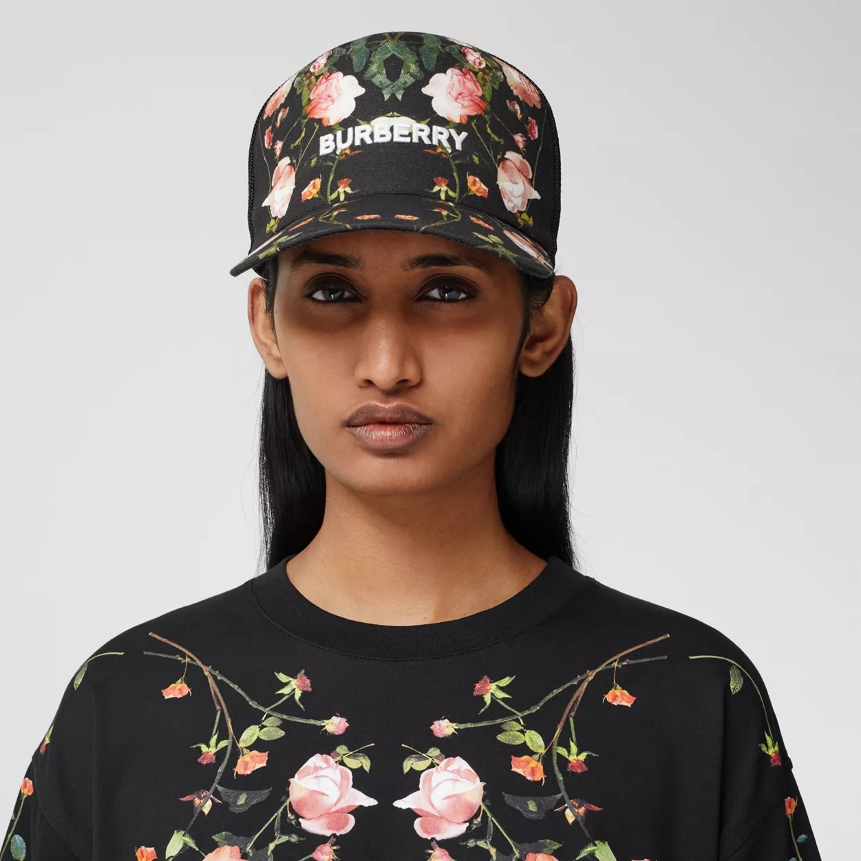 Rose Print Cotton and Mesh Baseball Cap - 3