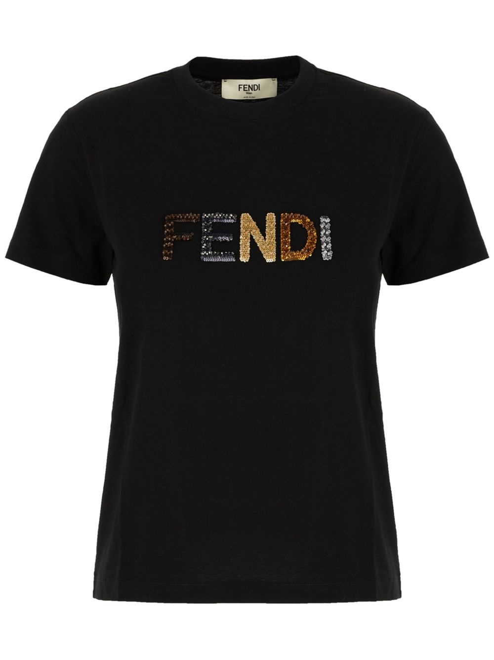 FENDI FENDI BLACK T-SHIRT WITH LOGO シンプル Tシャツ ロゴ FENDI Fendi Black T-Shirt With Sequin Logo Embroidery Women