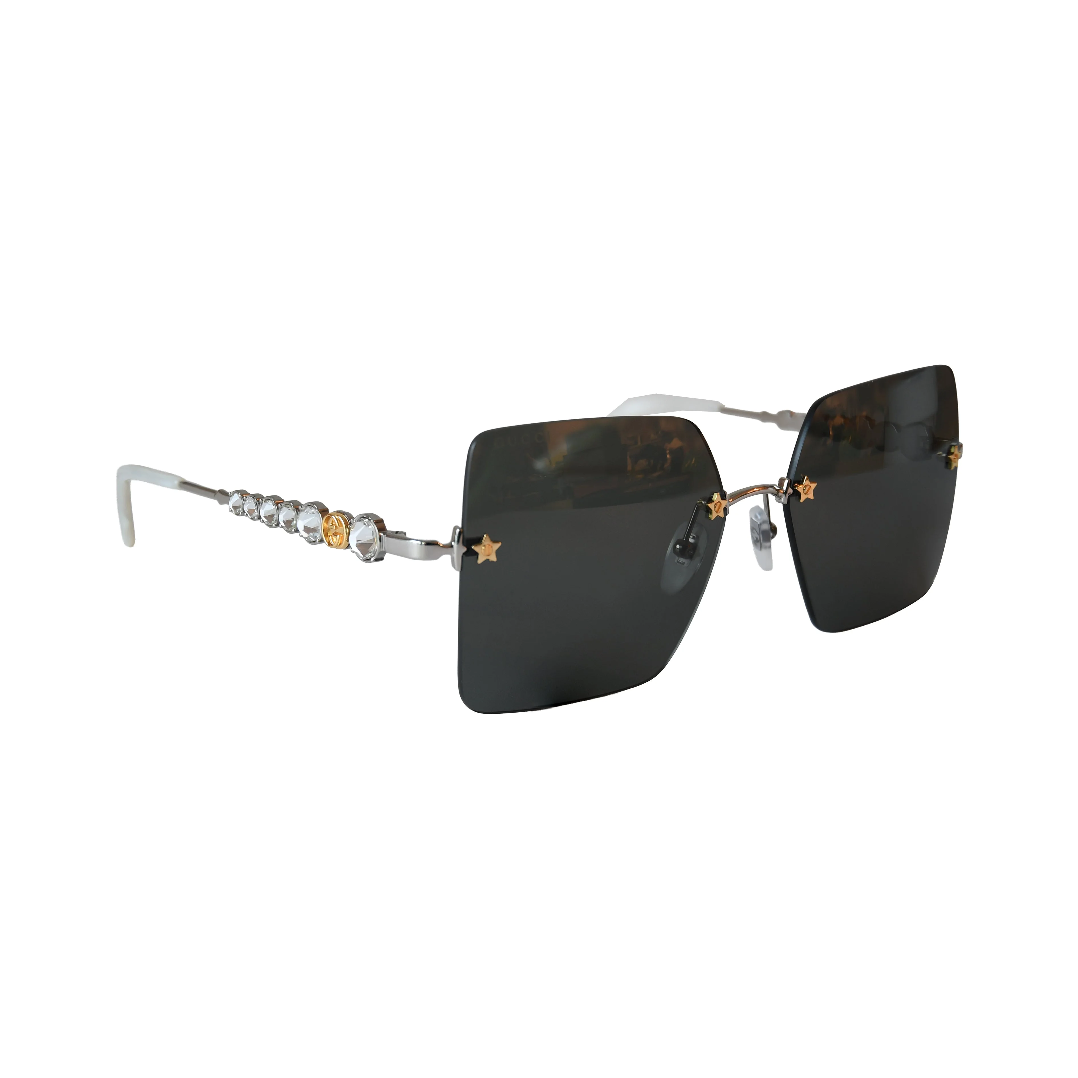 Gucci Rimless Square Shape Gold Star-Shaped Stud Black Lenses Sunglasses White - 1