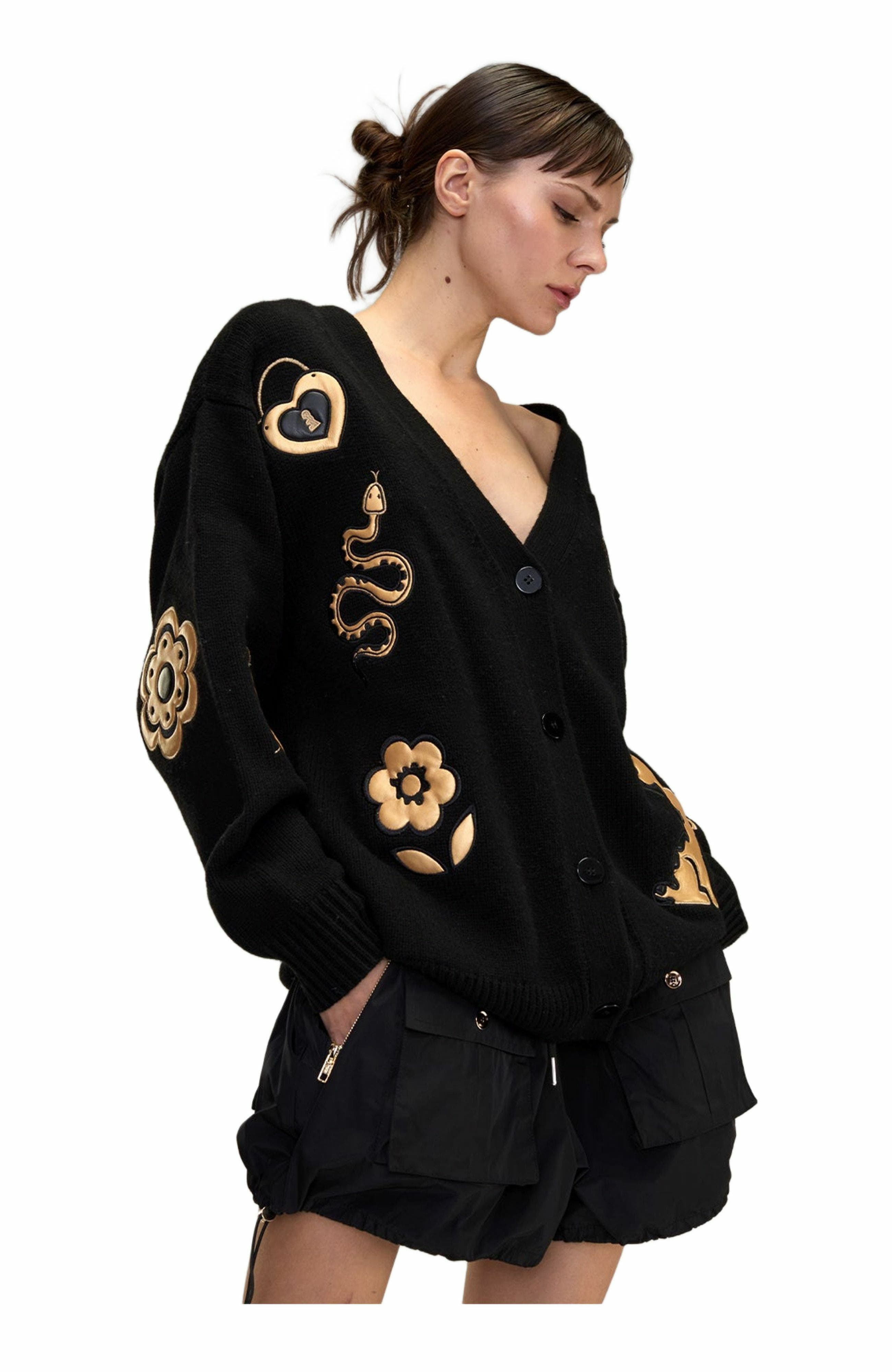 Cynthia Rowley Playful Patchwork Cardigan in Black_Gold at Nordstrom - 4