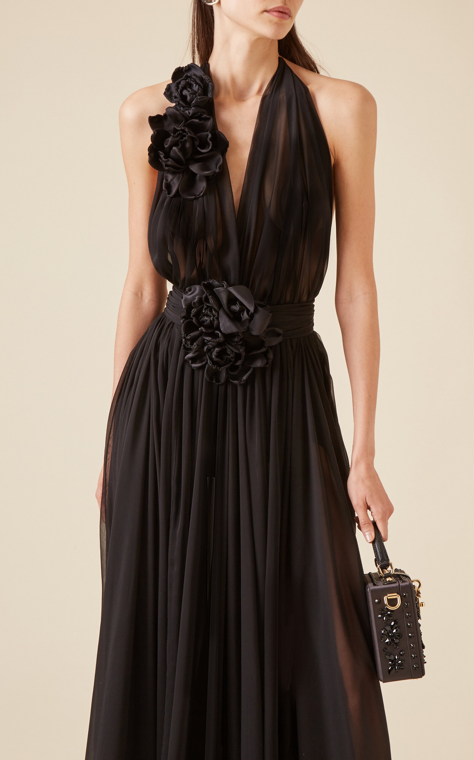 Floral-Appliquéd Silk-Chiffon Gown black - 2