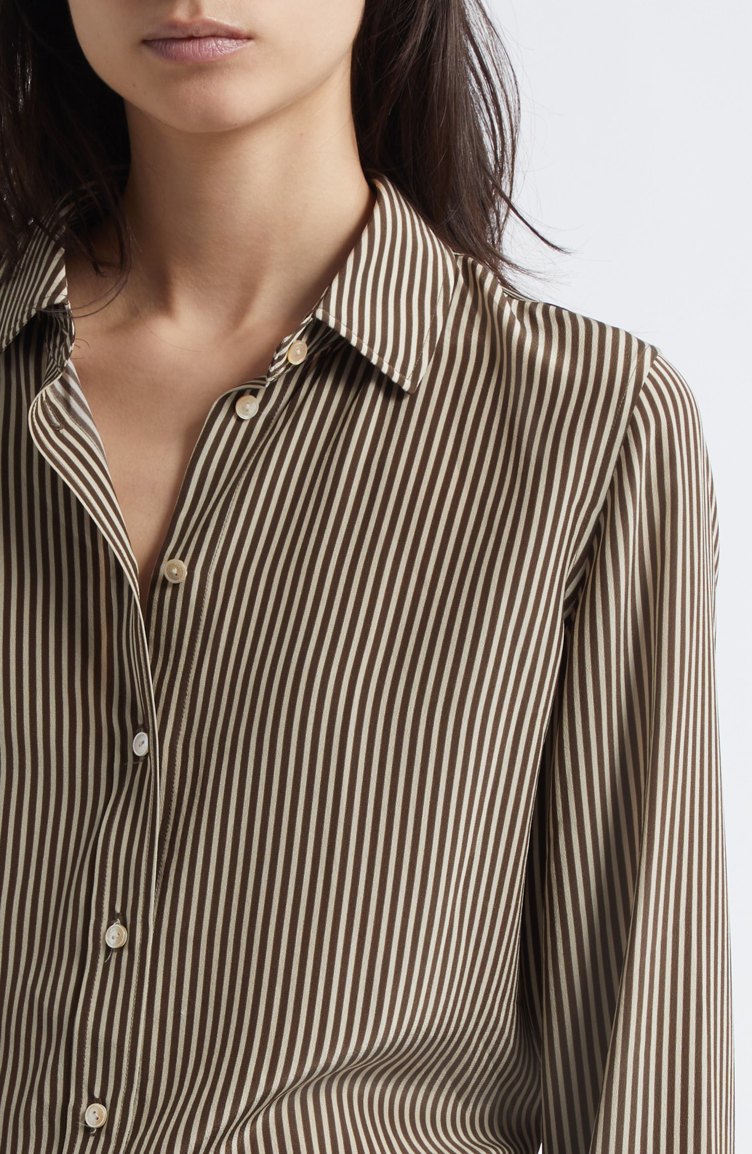 Nili Lotan Gaia Slim Fit Silk Shirt in Chocolate Stripes at Nordstrom - 4