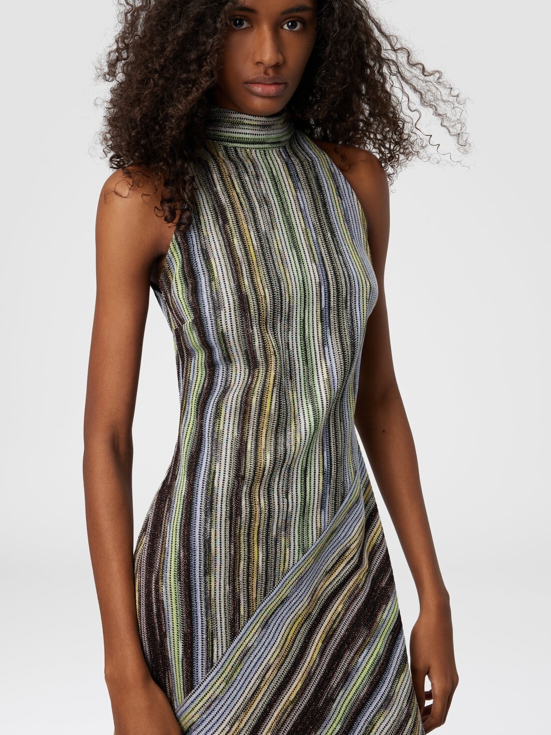 Sleeveless mini-dress in striped lamé slub viscose - 4