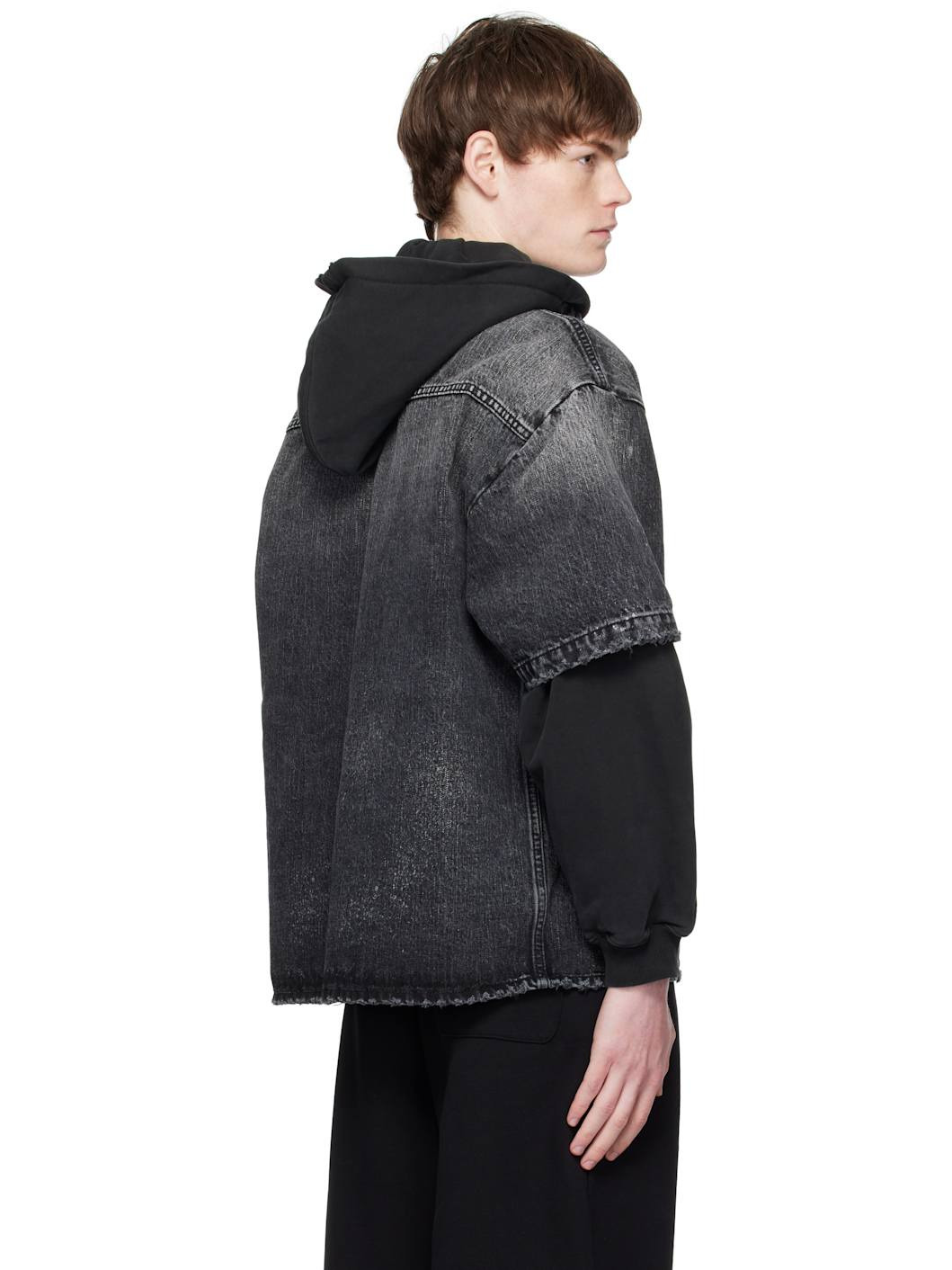 Black Faded Layered Hoodie Denim Jacket - 3