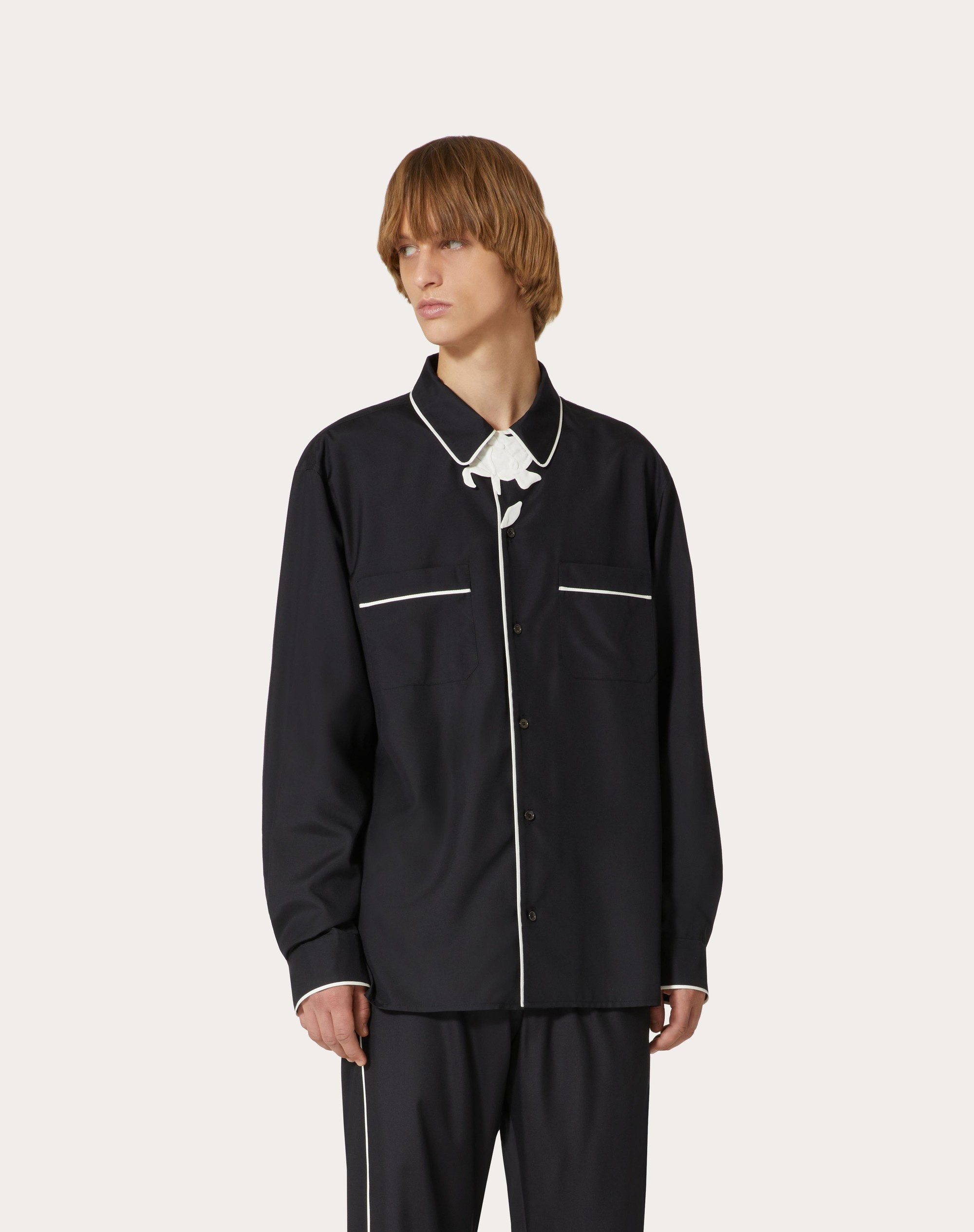 SILK POPLIN PAJAMA SHIRT WITH FLOWER EMBROIDERY - 3
