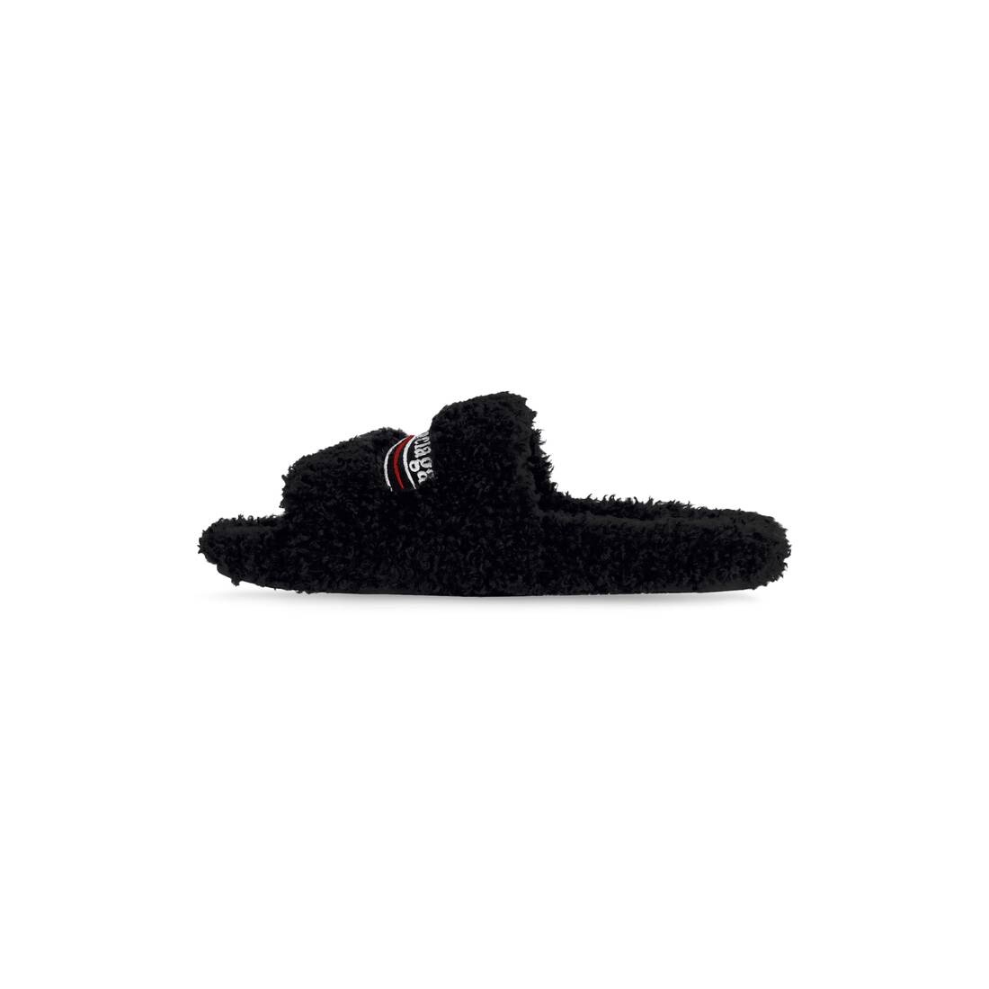 Women's Furry Slide Sandal in Black/white/red - 3