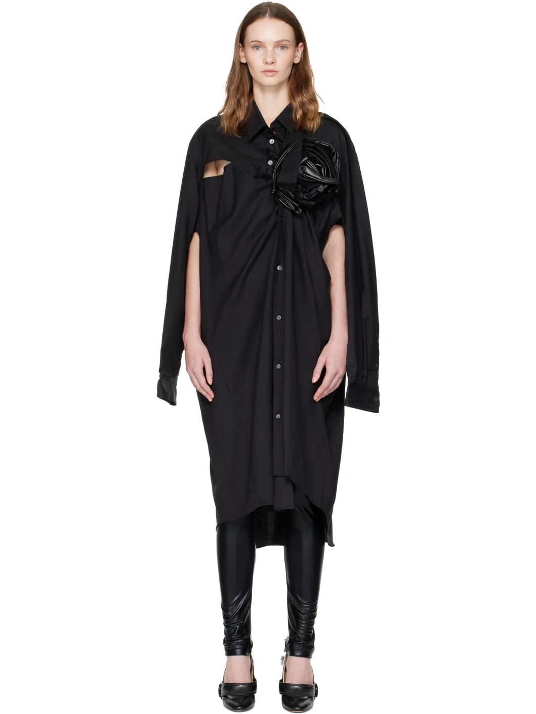 Black Wool & Synthetic Leather Midi Dress - 1