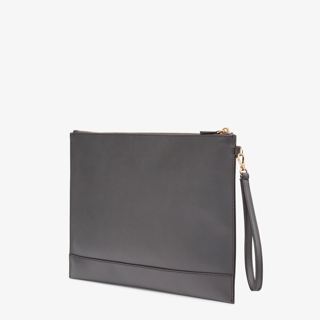 Large pouch with removable bracelet handle. Zipper closure. Made of dark gray leather with Fendi Rom 2