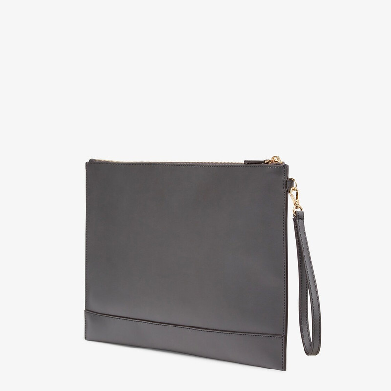 FENDI Large pouch with removable bracelet handle. Zipper closure. Made of dark gray leather with Fendi Rom outlook
