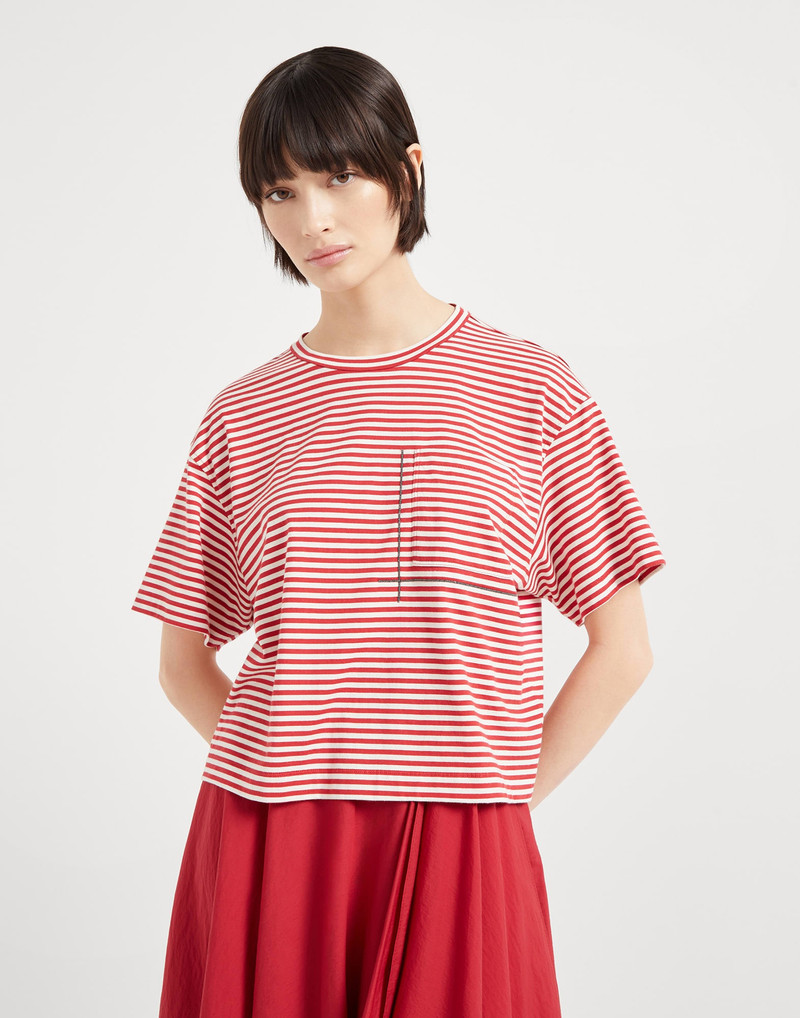 Cotton striped jersey cropped t-shirt with shiny pocket detail - 1