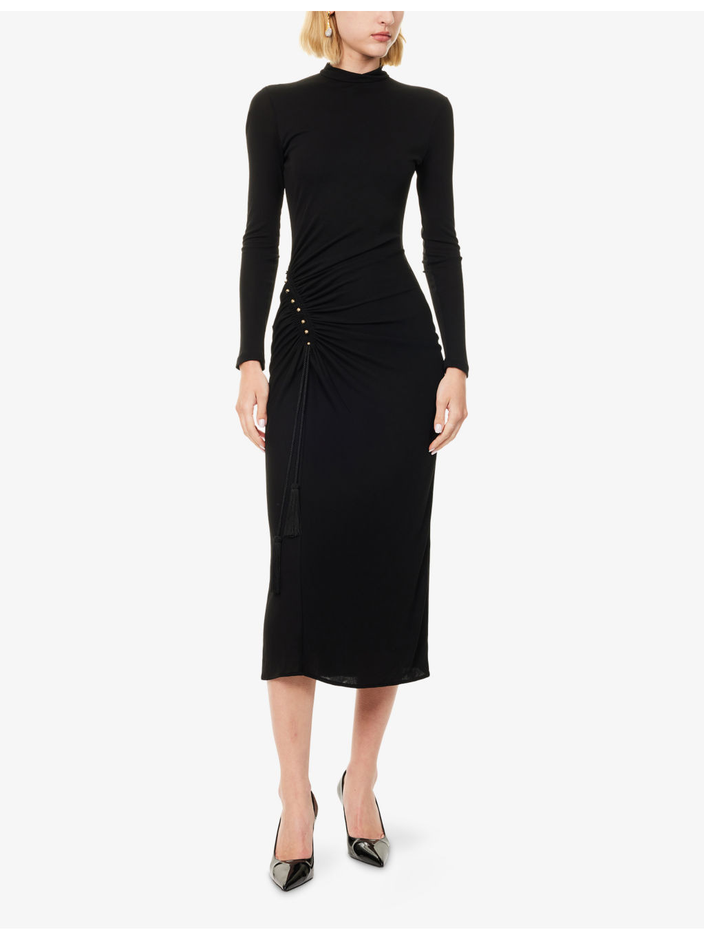 Zip-Front Bodycon Woven Midi Dress - 3