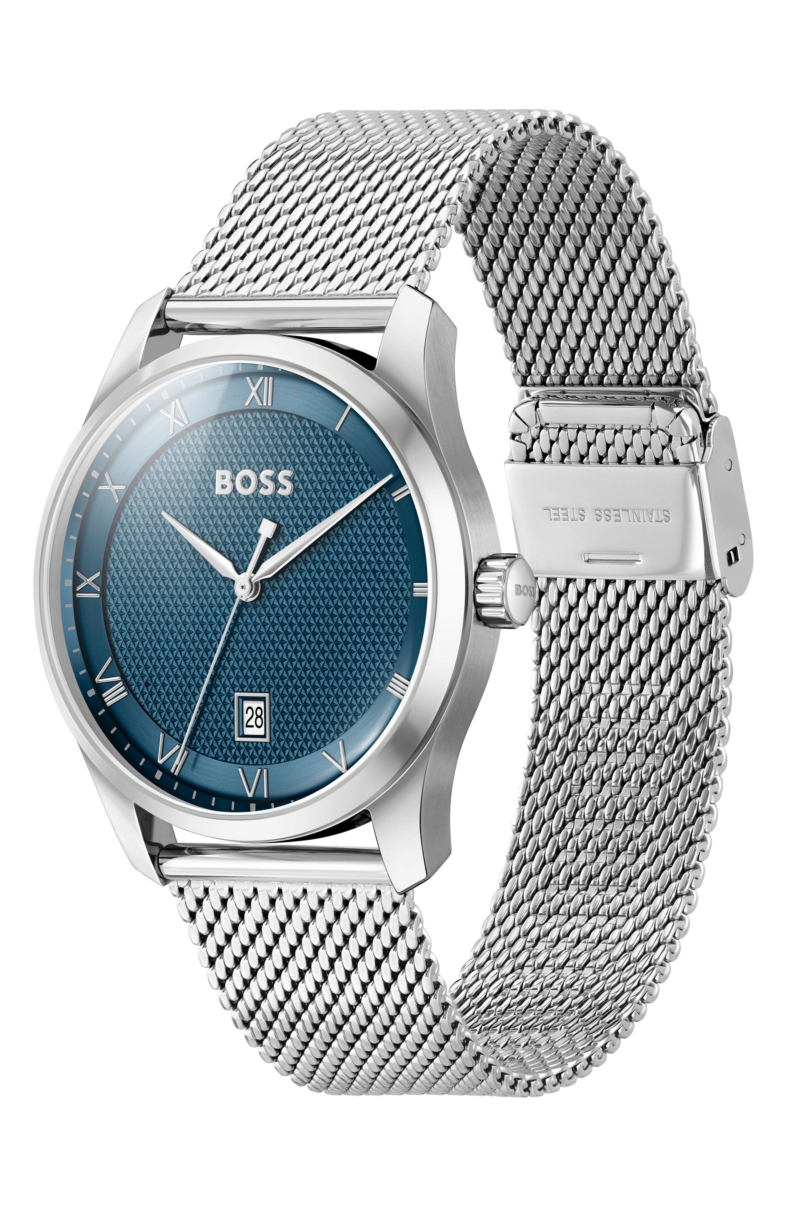 BOSS Principle Mesh Strap Watch, 41mm in Silver/Galvanic Blue at Nordstrom - 4