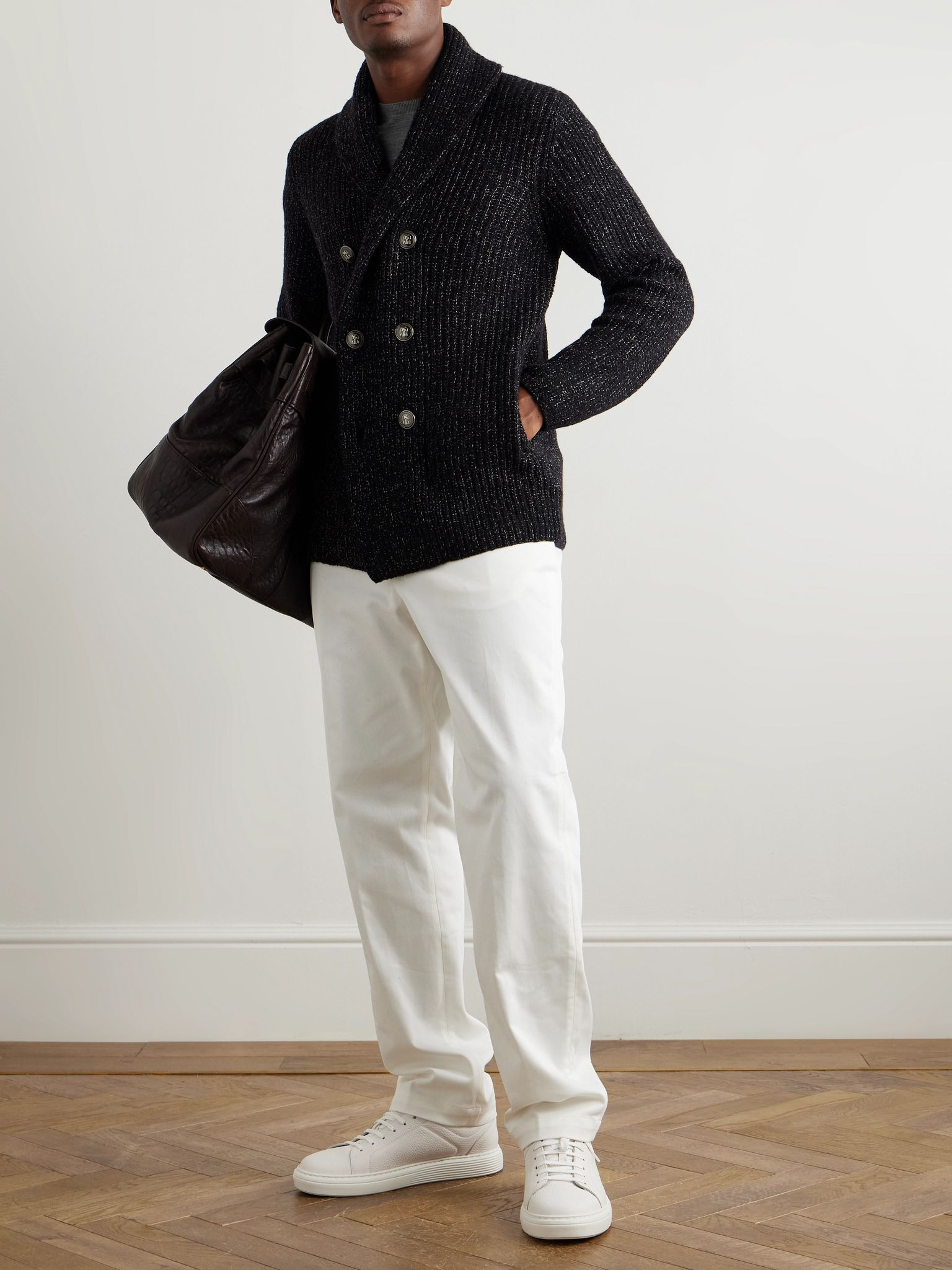 Shawl-Collar Double-Breasted Ribbed Virgin Wool, Silk and Cashmere-Blend Cardigan Black - 2