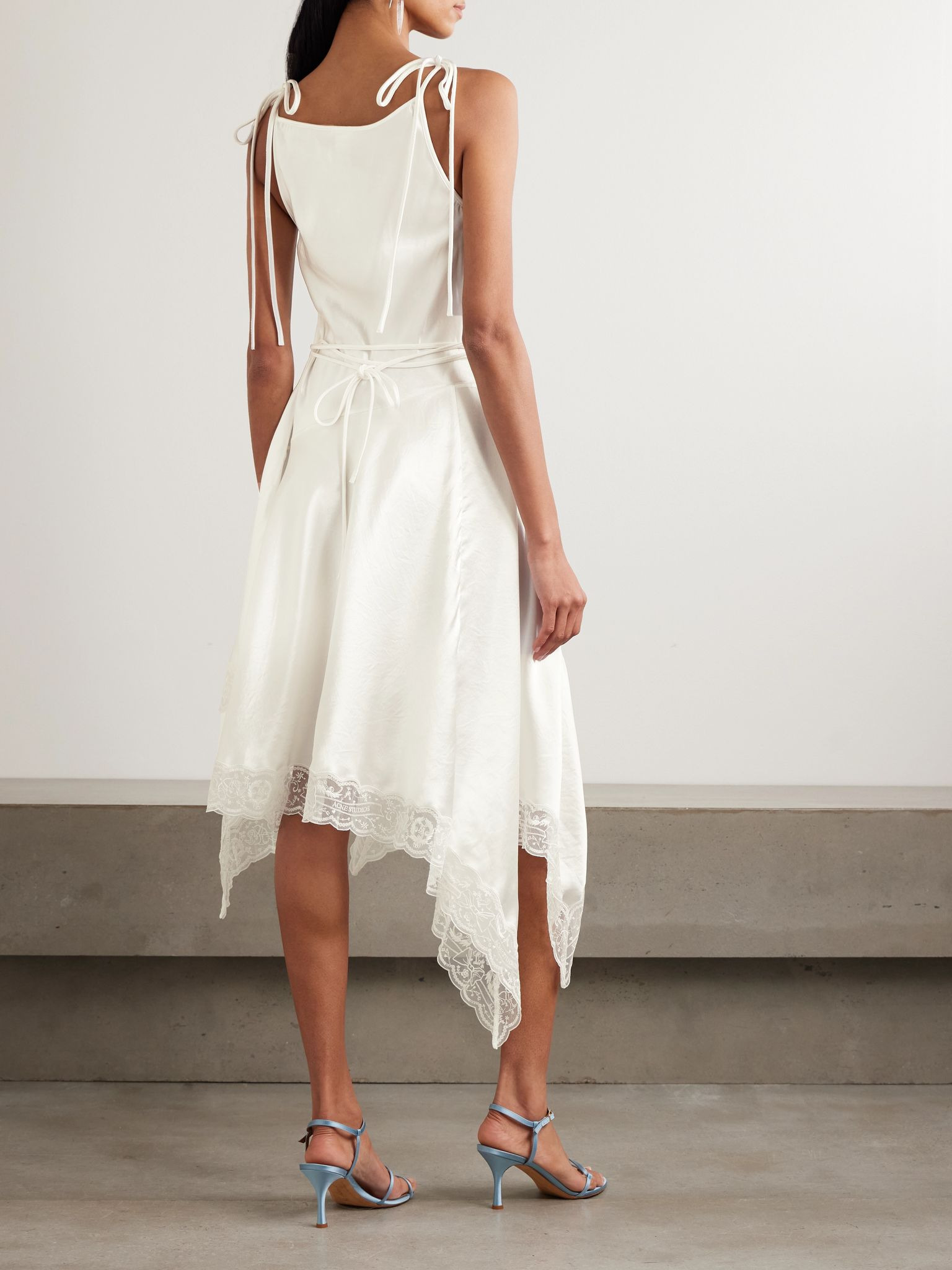 Doyla belted asymmetric scalloped lace-trimmed hammered-satin midi dress White - 3