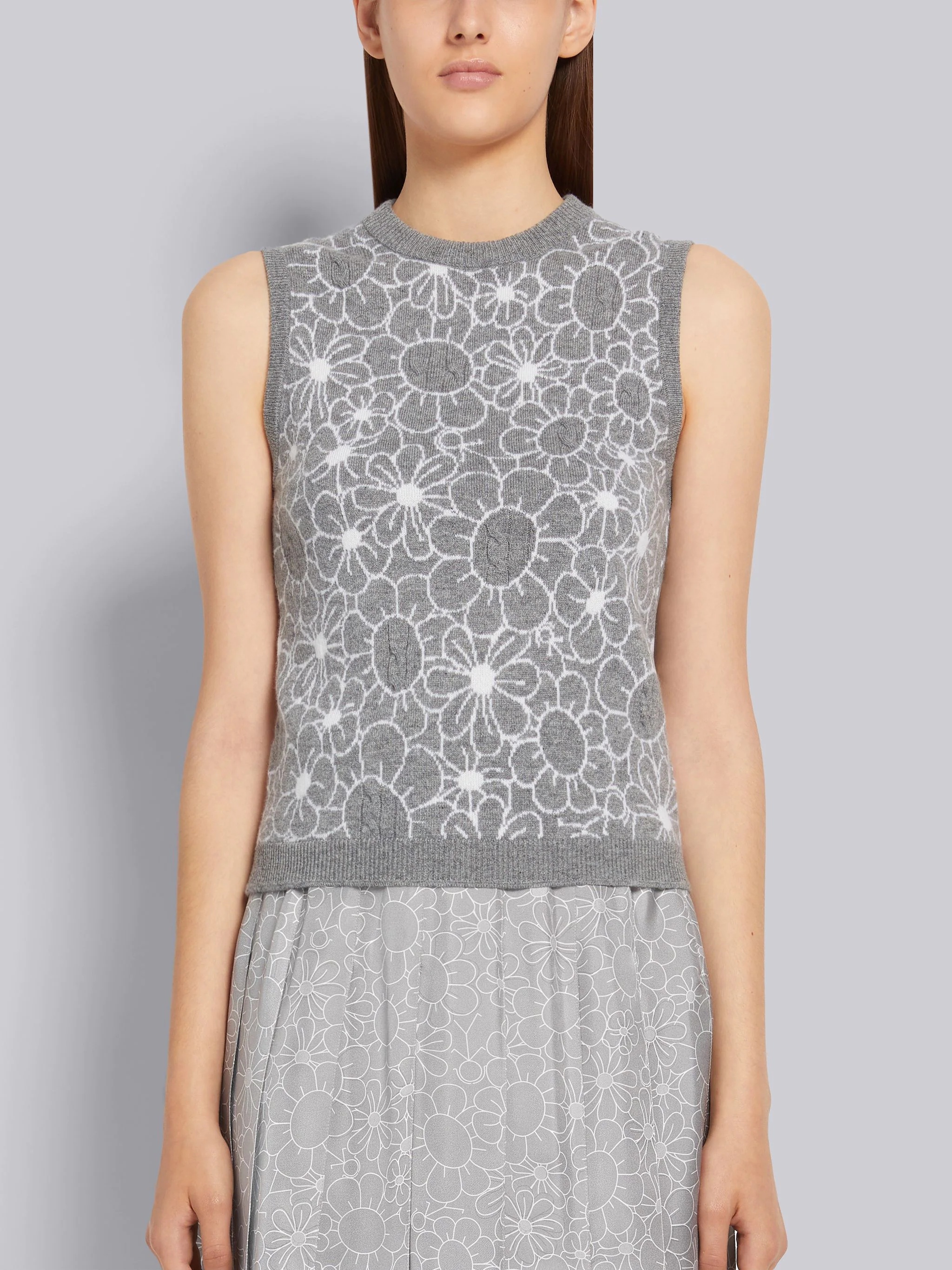 Light Grey Cashmere Floral Toile Intarsia Shell Top - 1