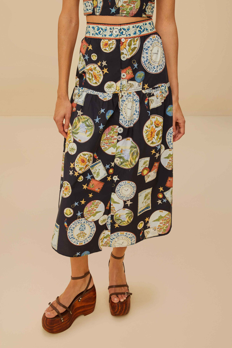 FARM RIO Black Trip Souvenir Organic Cotton Midi Skirt outlook