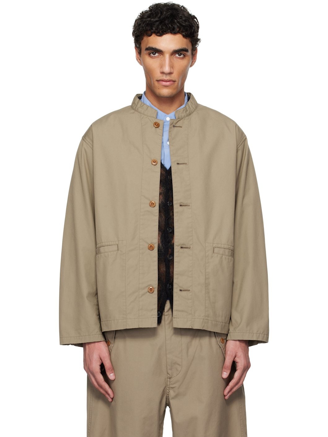 Taupe Band Collar Shirt Jacket - 1