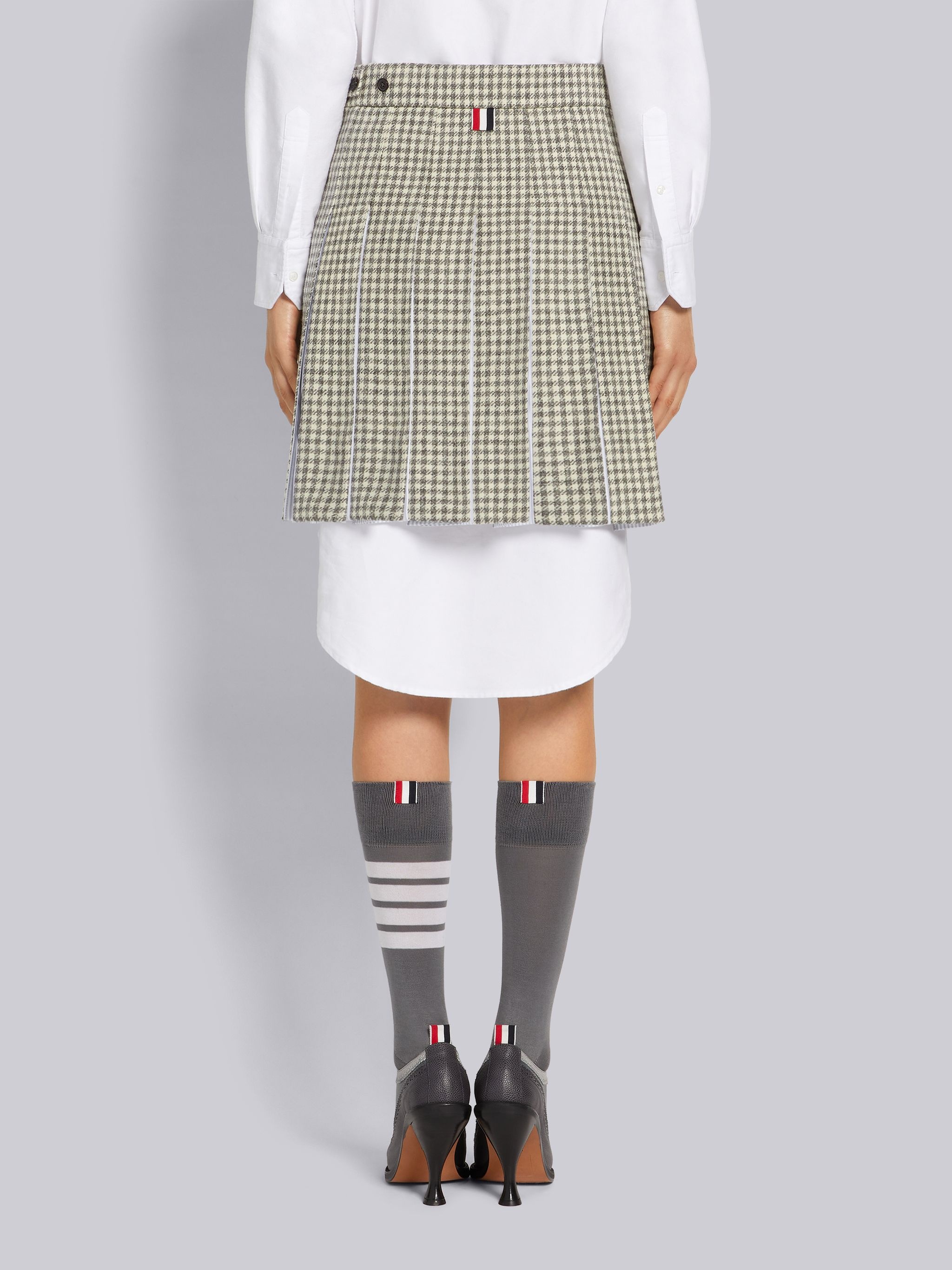 Medium Grey Gunclub Check Wool Hunting Tweed University Stripe Oxford Pleat Dropped Back Miniskirt - 3