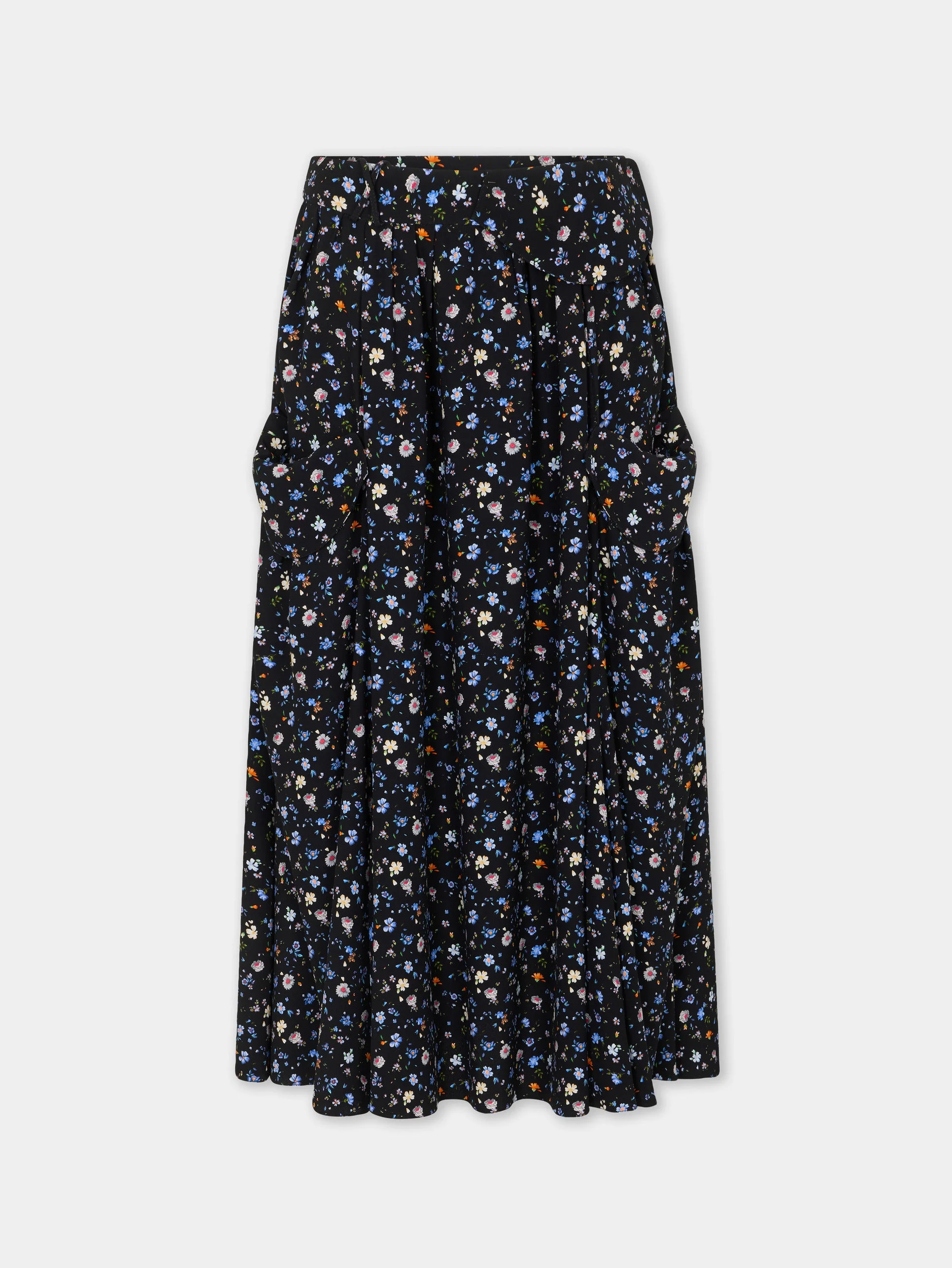 BLACK PRINTED CREPE MIDI SKIRT WITH SIGNATURE FRONT POCKETS - 1