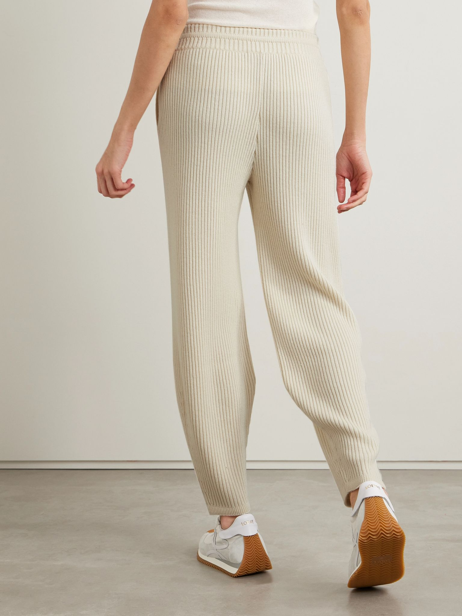 Ribbed silk and cashmere-blend tapered track pants Cream - 4