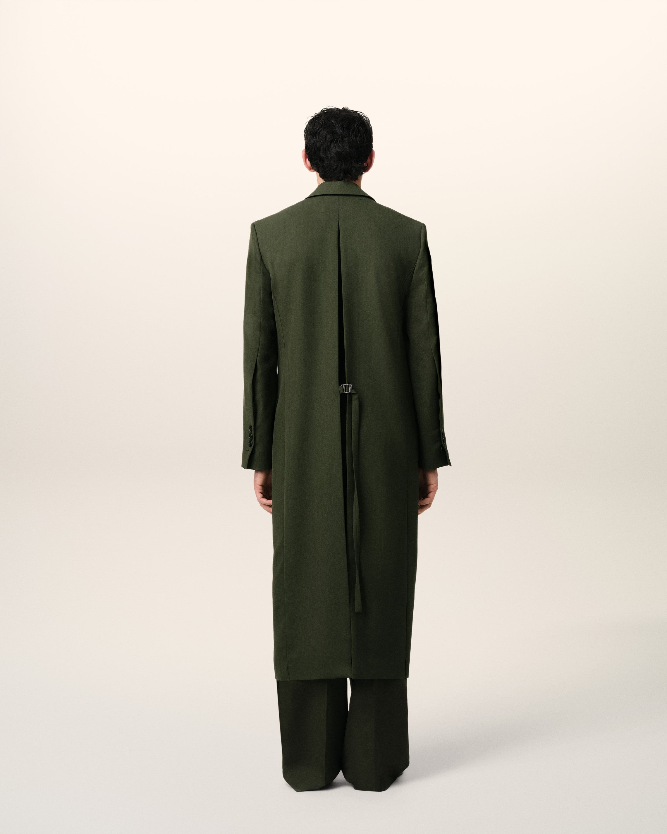 GREEN WOOL BACK SLIT LONG COAT - 5