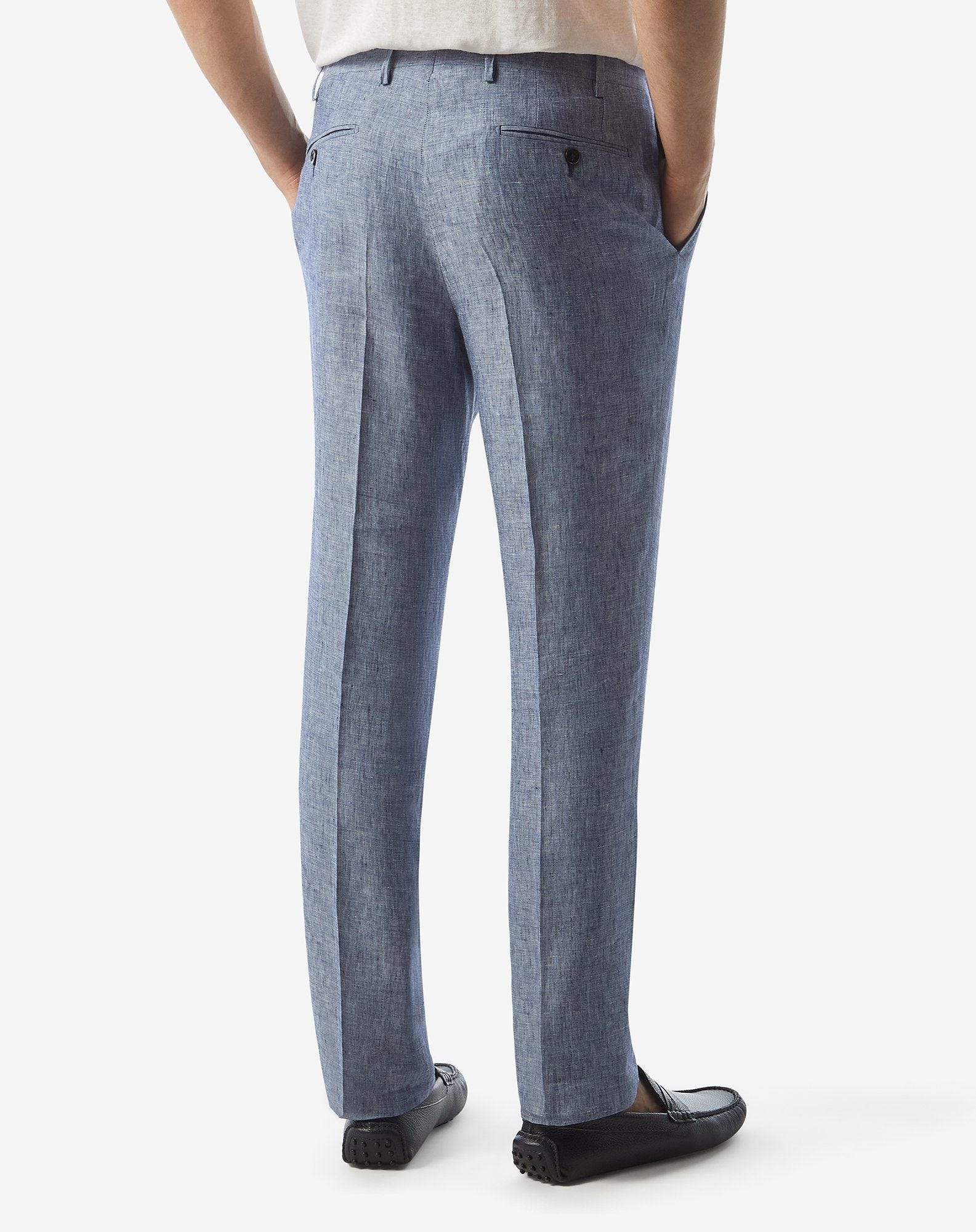 Single-dart denim blue trousers made from pure linen chambray - 4