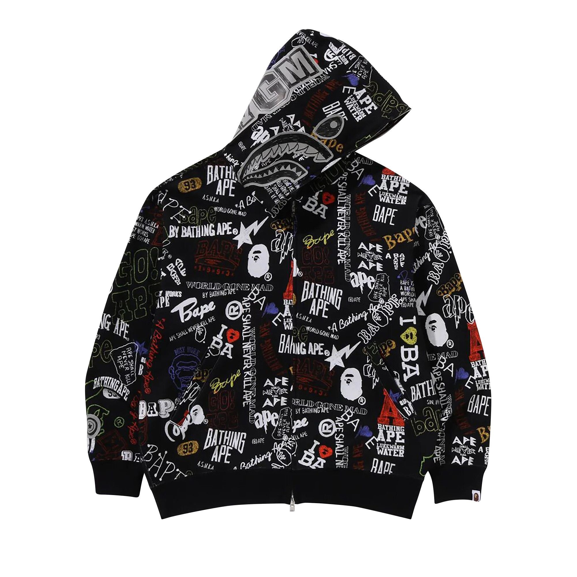 BAPE Hand Draw Pattern Shark Zip Hoodie 'Black' - 1