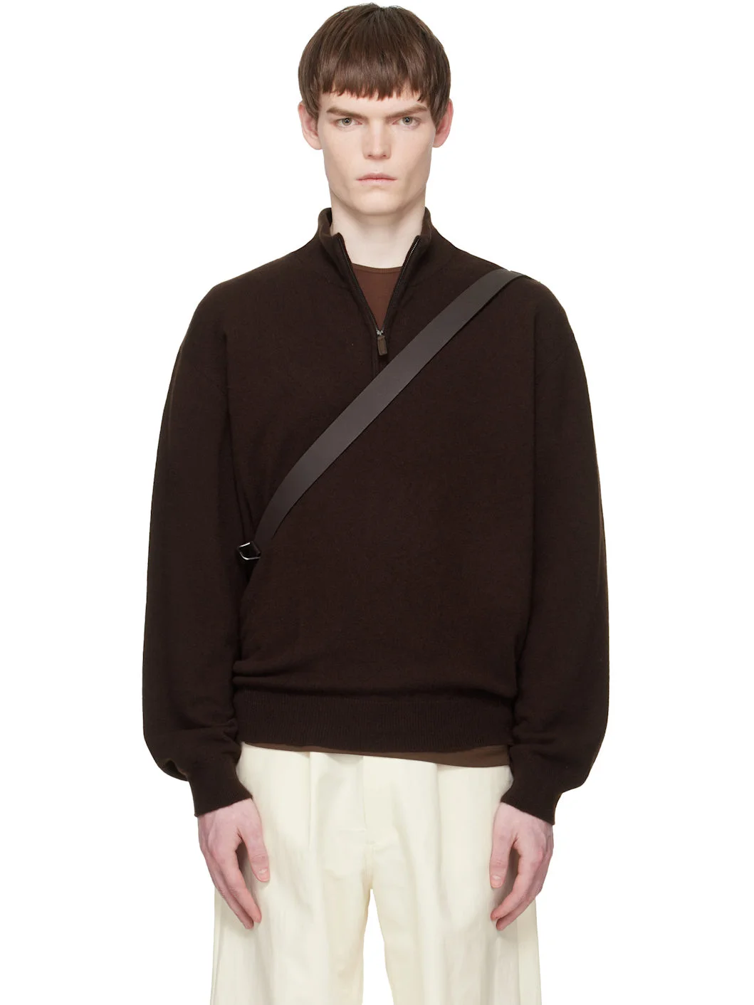 Brown Pure Cashmere Knit Half Zip LS Sweater - 1