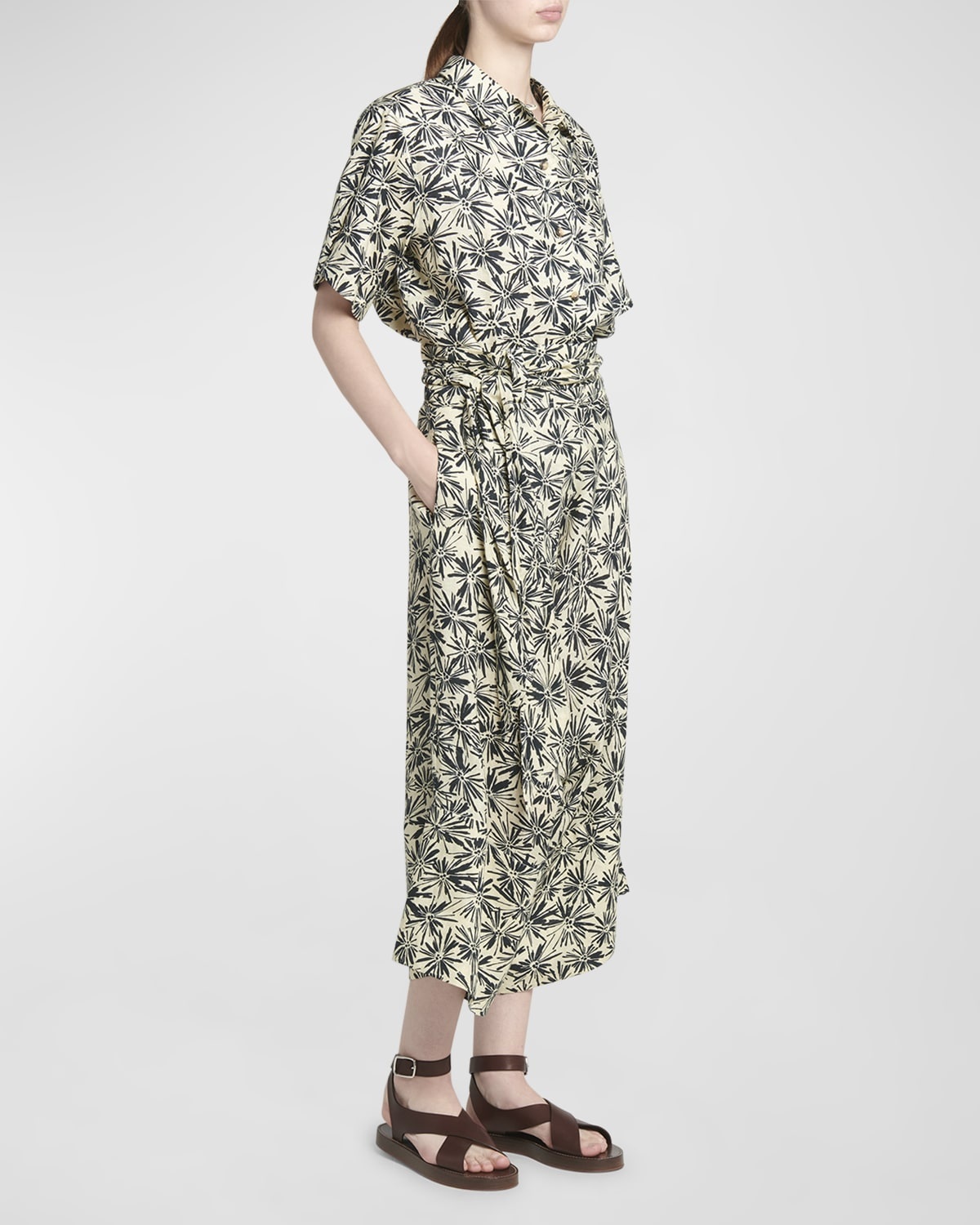 Yuki Flower-Print Wrap-Waist Wide-Leg Crop Linen Pants - 3