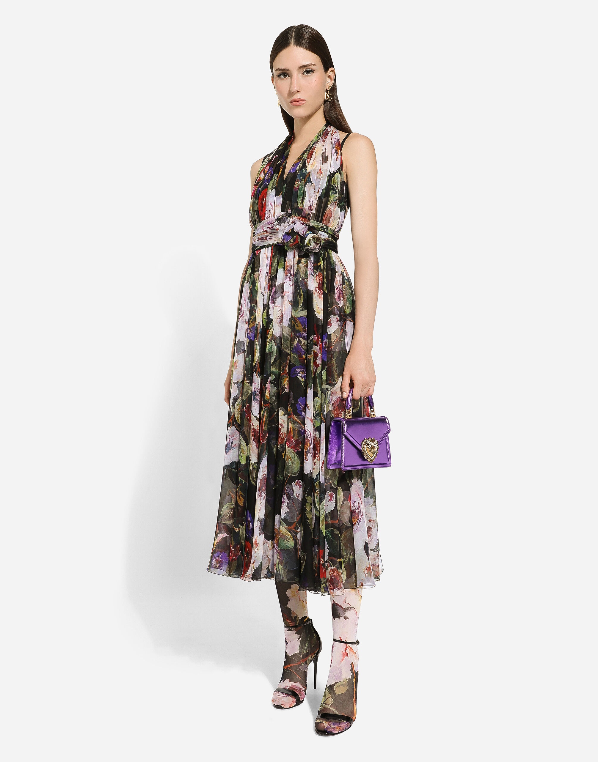 Chiffon calf-length dress with rose garden print - 5