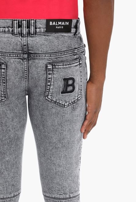 Slim gray cotton jeans with Balmain monogram - 8