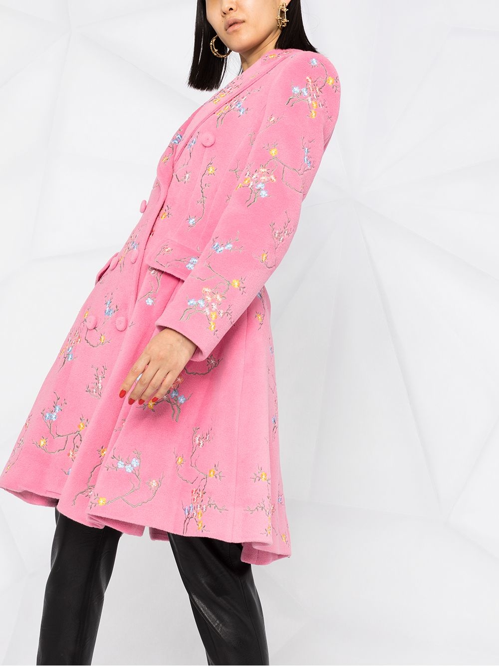 floral-embroidered flared coat - 3