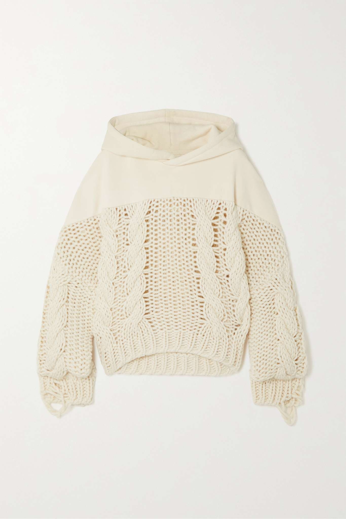 Paneled cotton-jersey and cable-knit wool-blend hoodie - 1