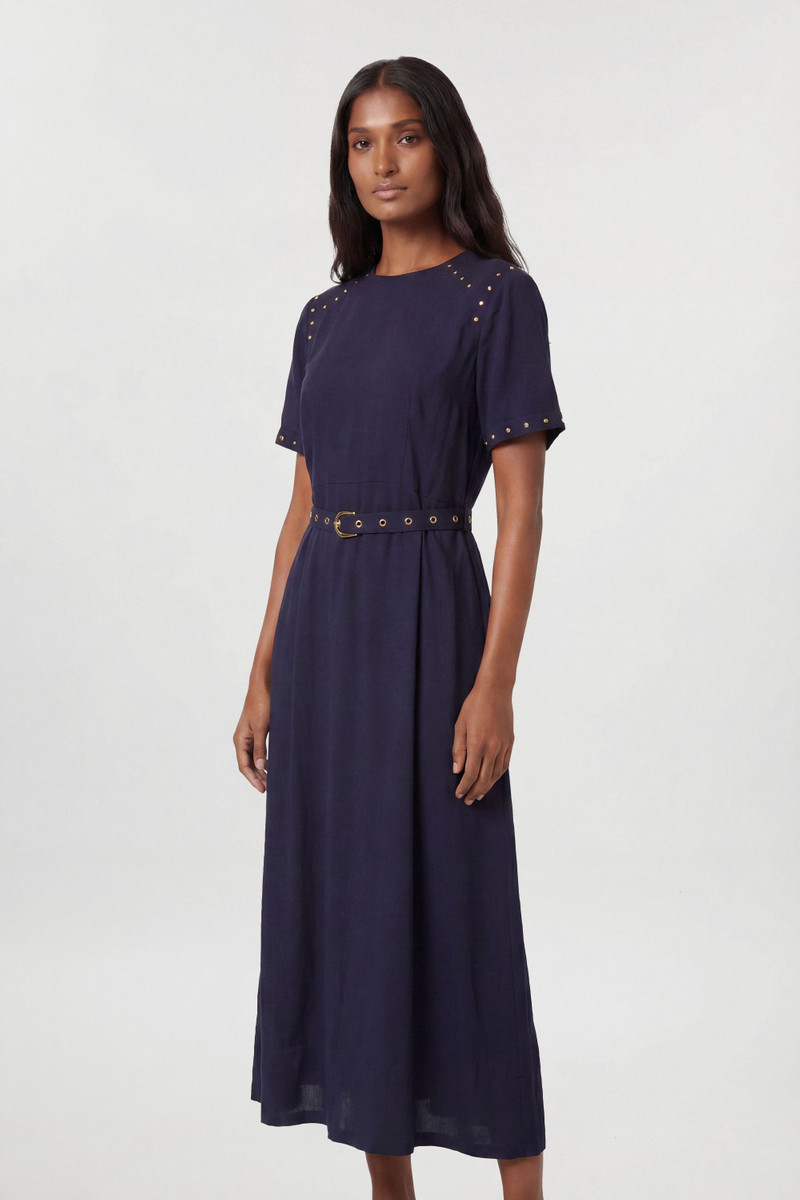 KAREN MILLEN Petite Premium Viscose Linen Woven Midi Dress With Stud Detail outlook