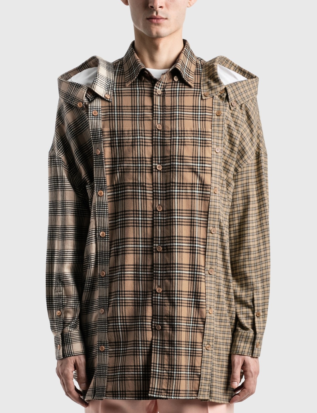 CONTRAST CHECK COTTON FLANNEL RECONSTRUCTED SHIRT - 1