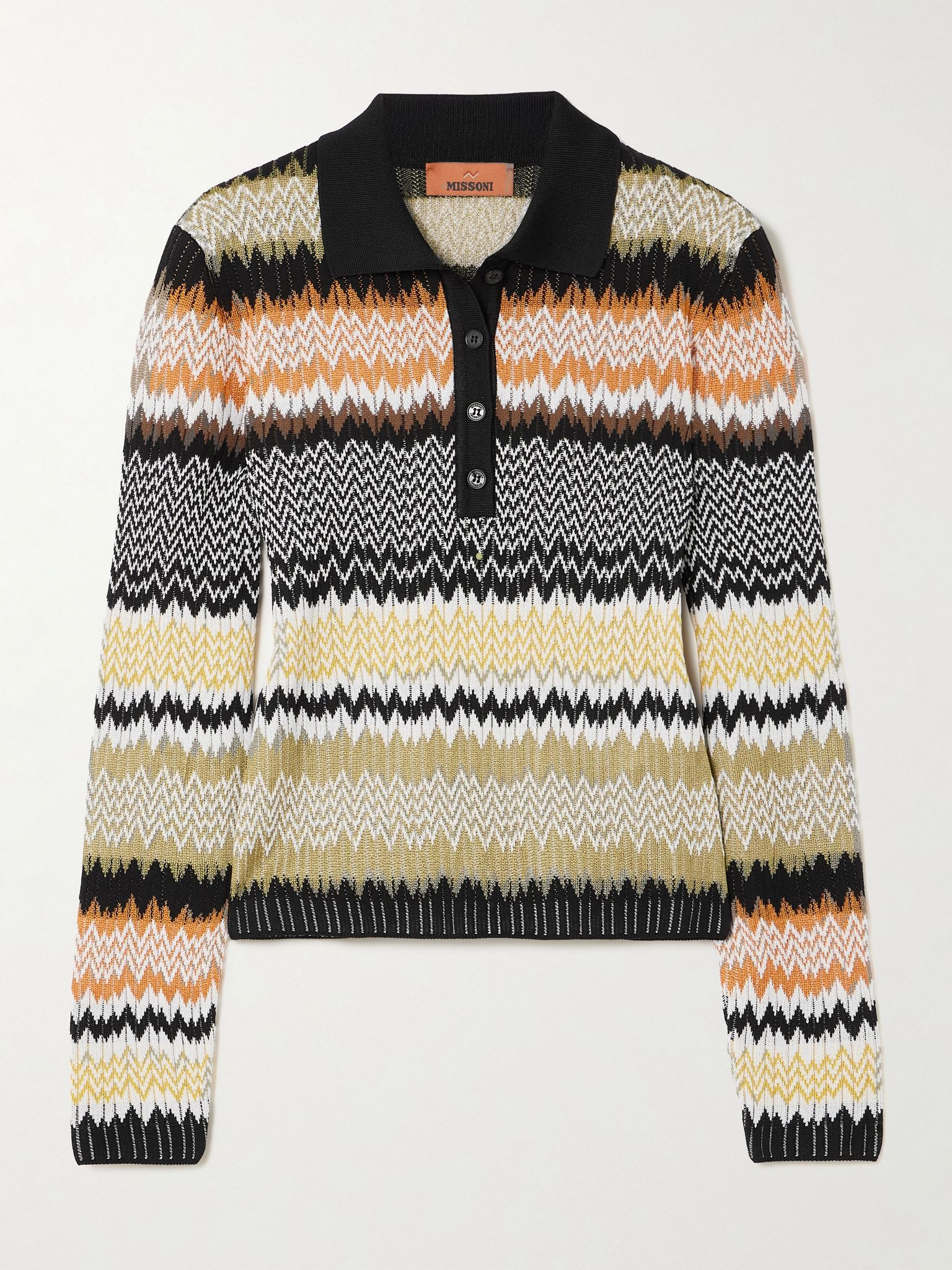 Striped crochet-knit polo shirt Black - 1