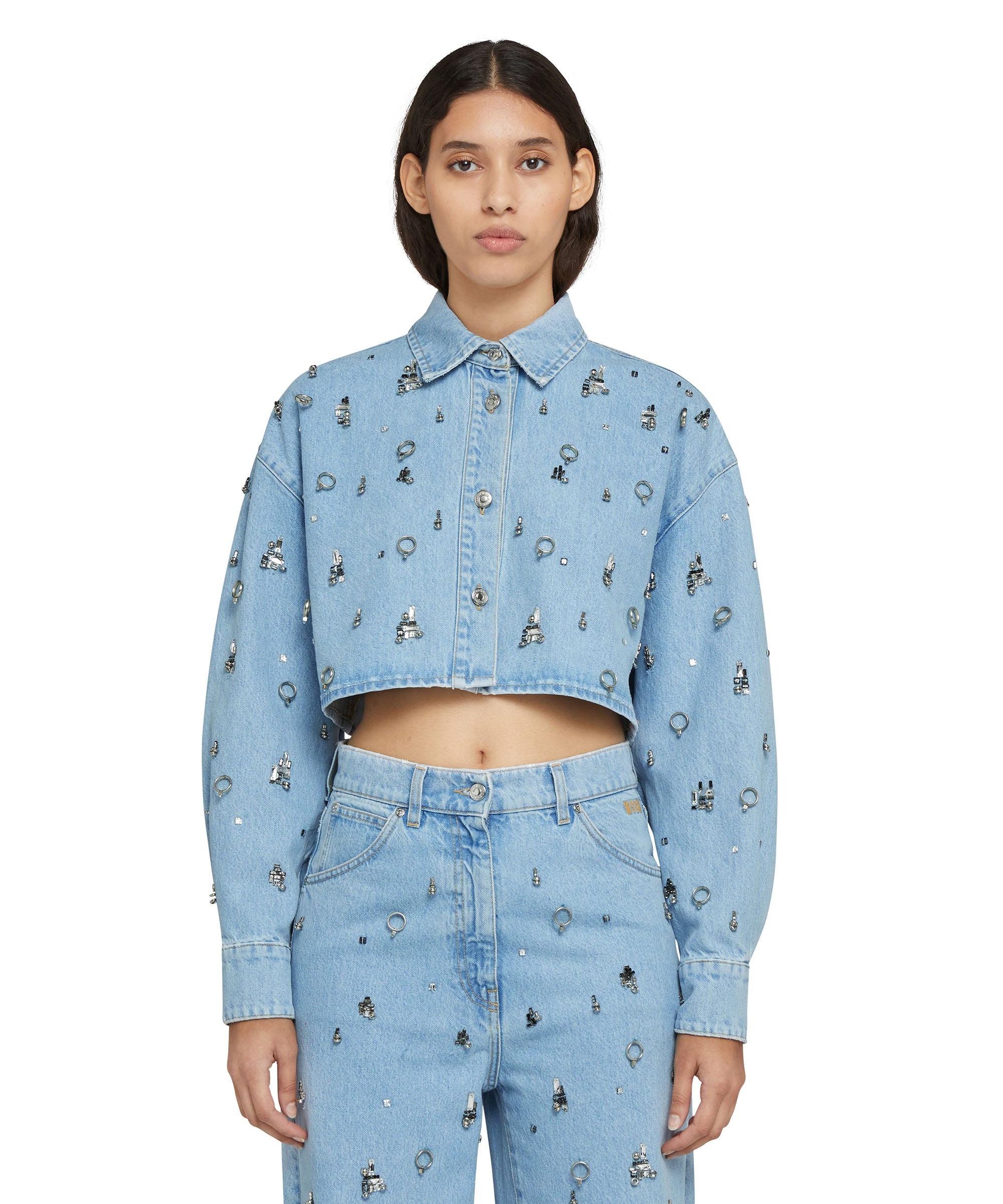 Crop denim jacket with applied jewels - 1