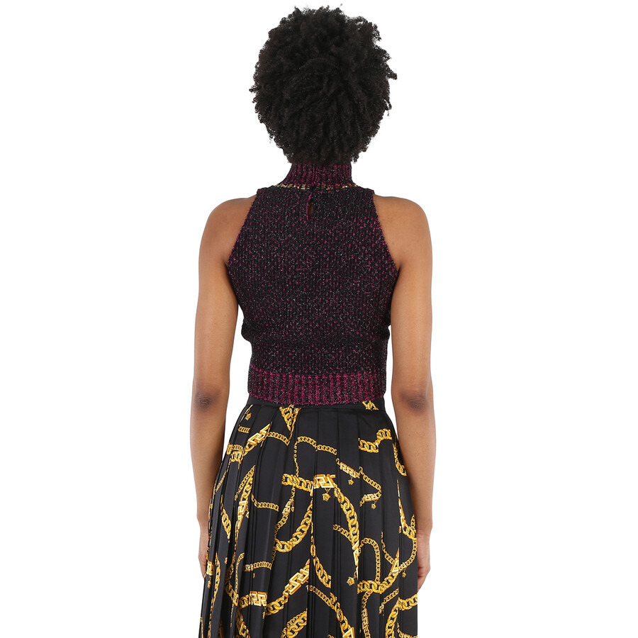 Versace Ladies Black / Multi Tweed Turtleneck Cropped Wool-blend Top - 5