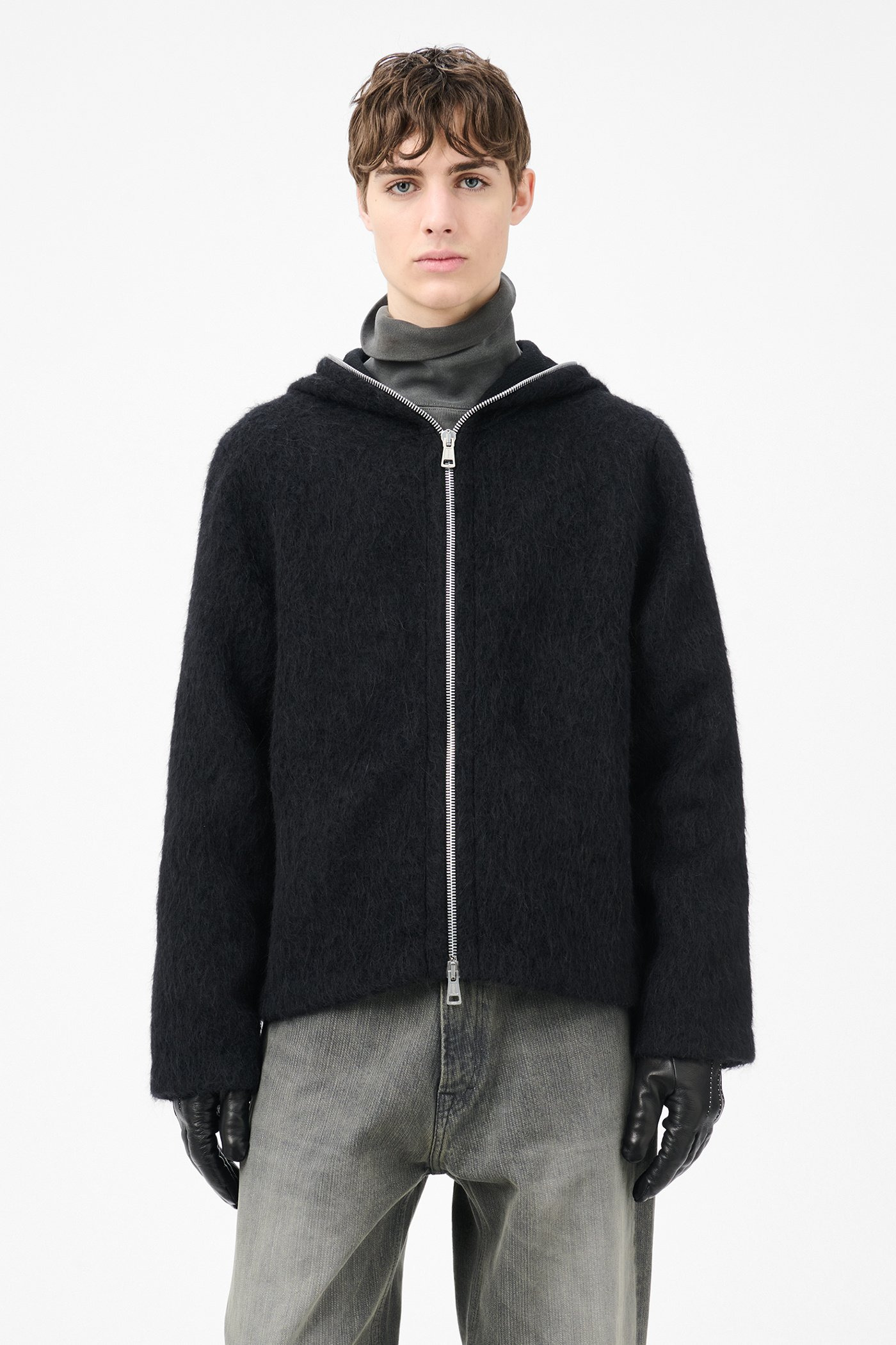 Full Zip Hood Black Hairy Wool - 3