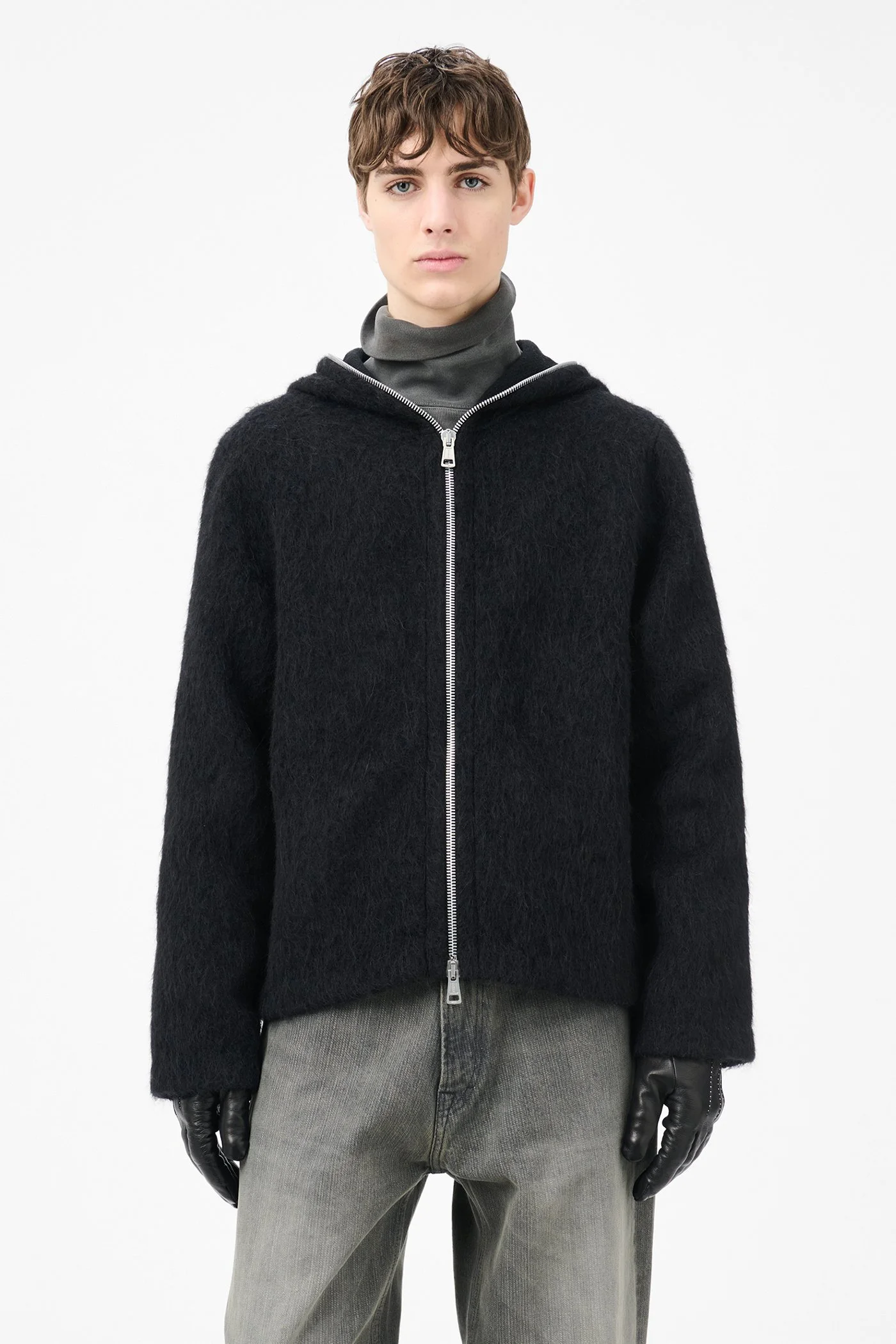 Our Legacy Full Zip Hood Black Hairy Wool | REVERSIBLE