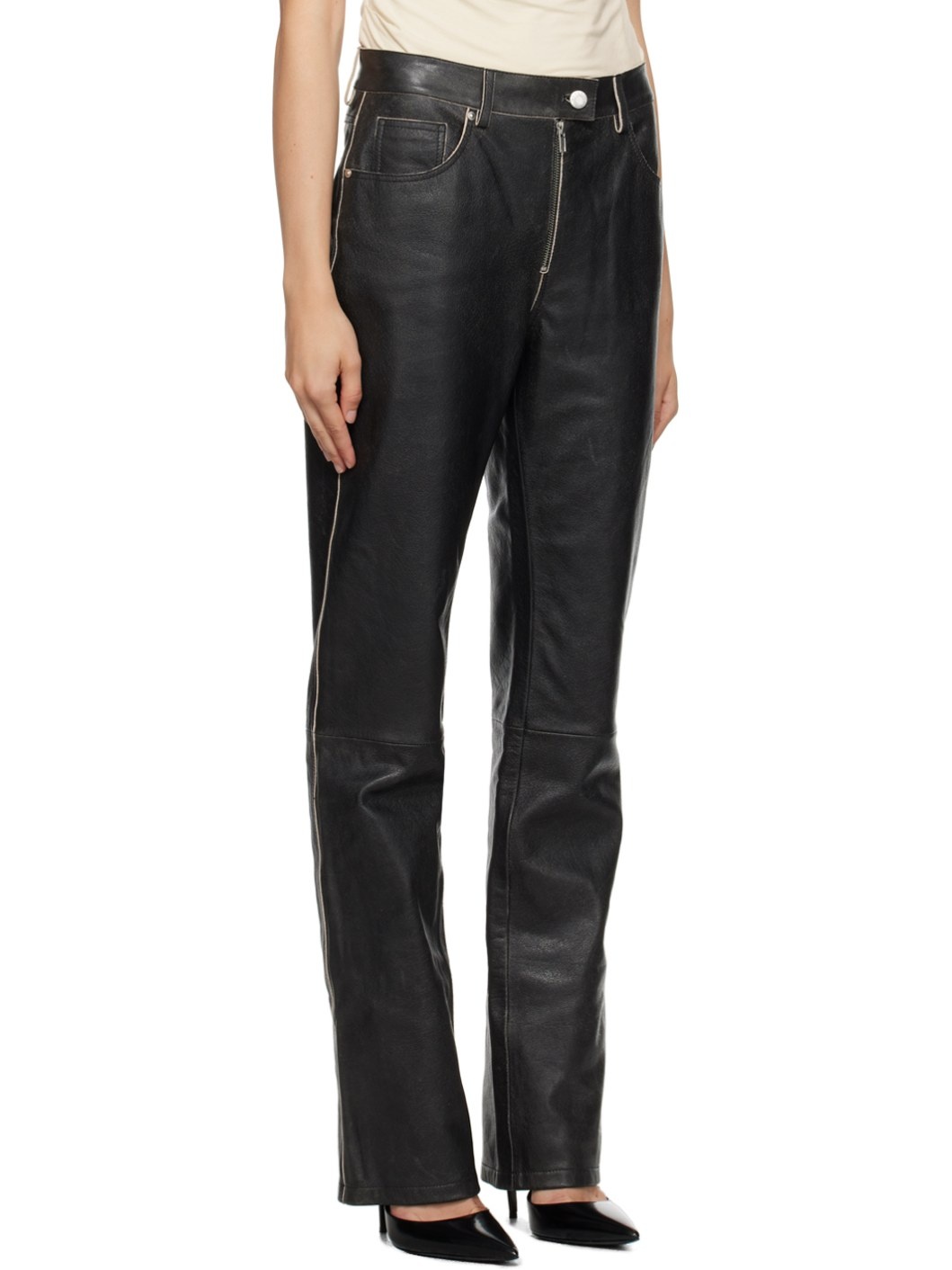Black 5-Pocket Leather Pants - 2