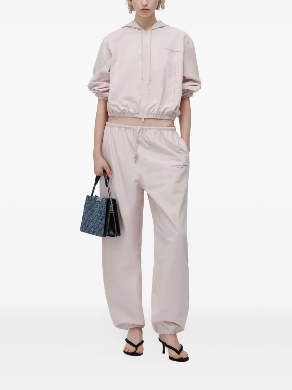 mid-rise track pants w/ rhinestone drawcord - 1