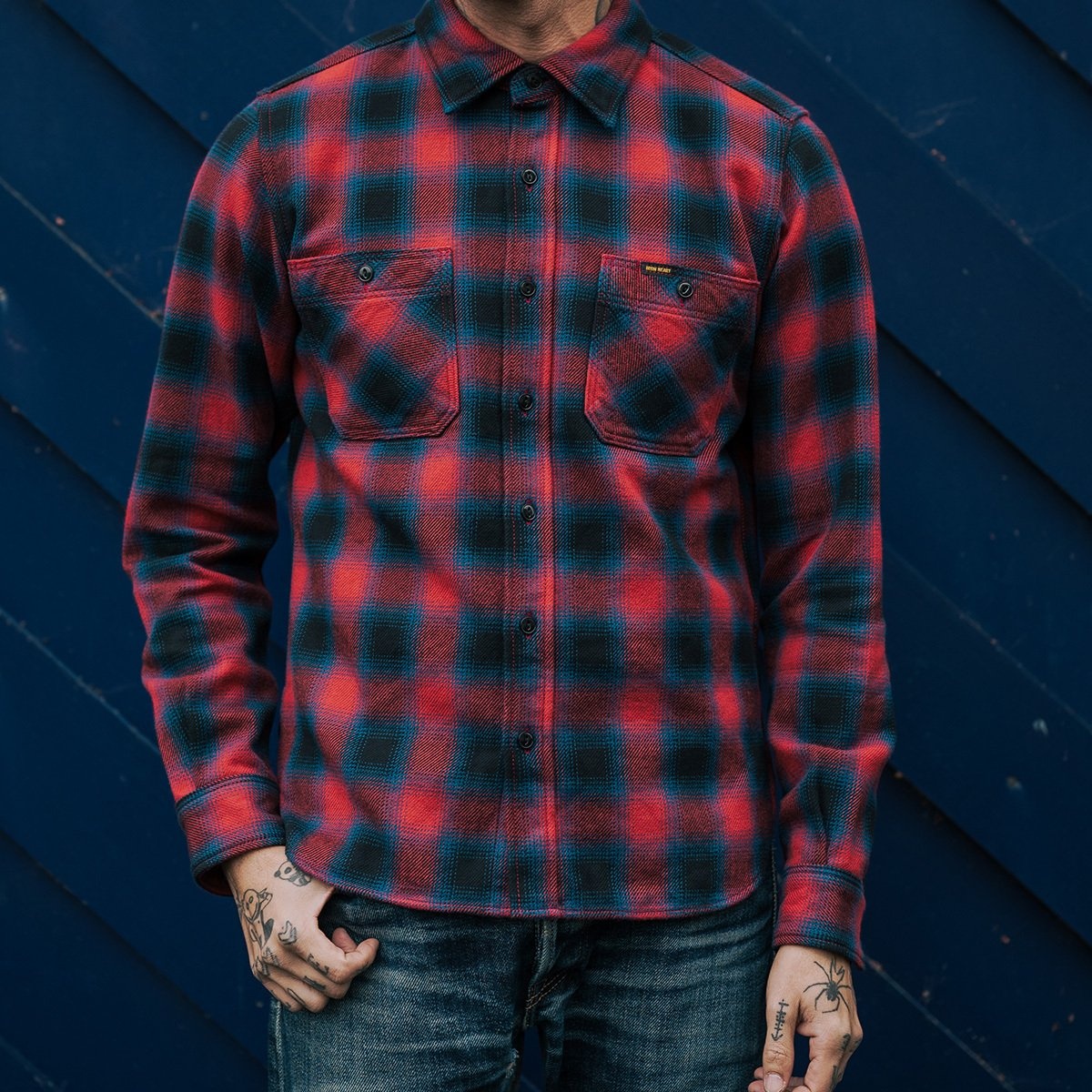 IHSH-379-RED Ultra Heavy Flannel Ombré Check Work Shirt - Red - 5