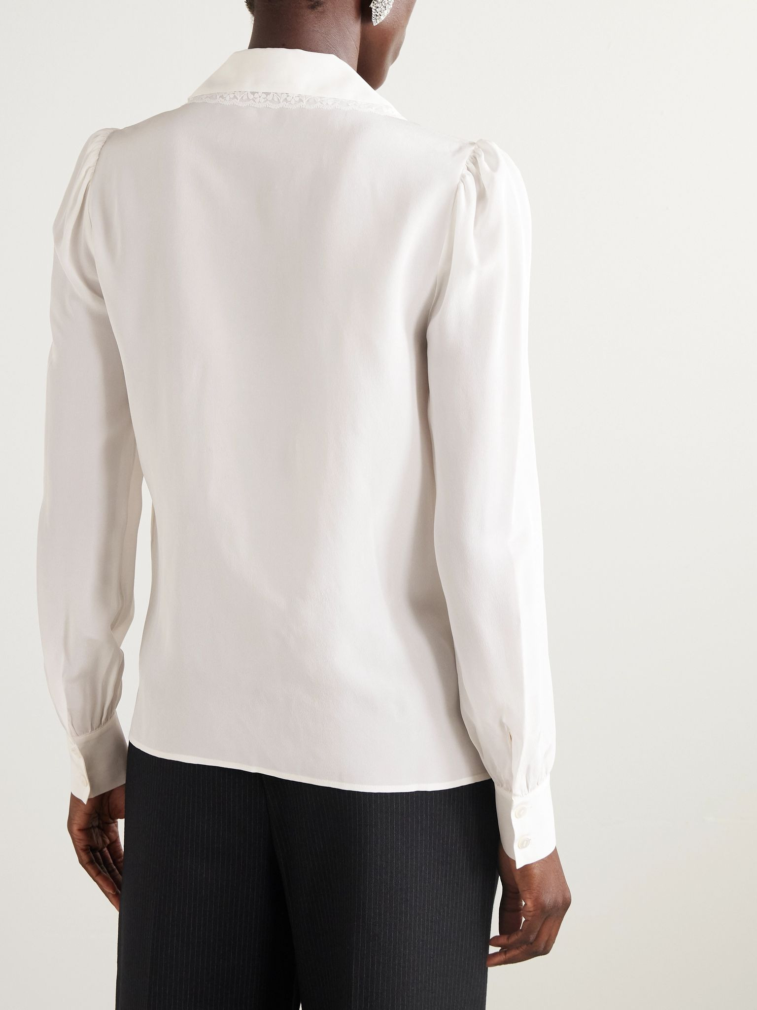 Lace-trimmed pintucked silk-chiffon blouse White - 4